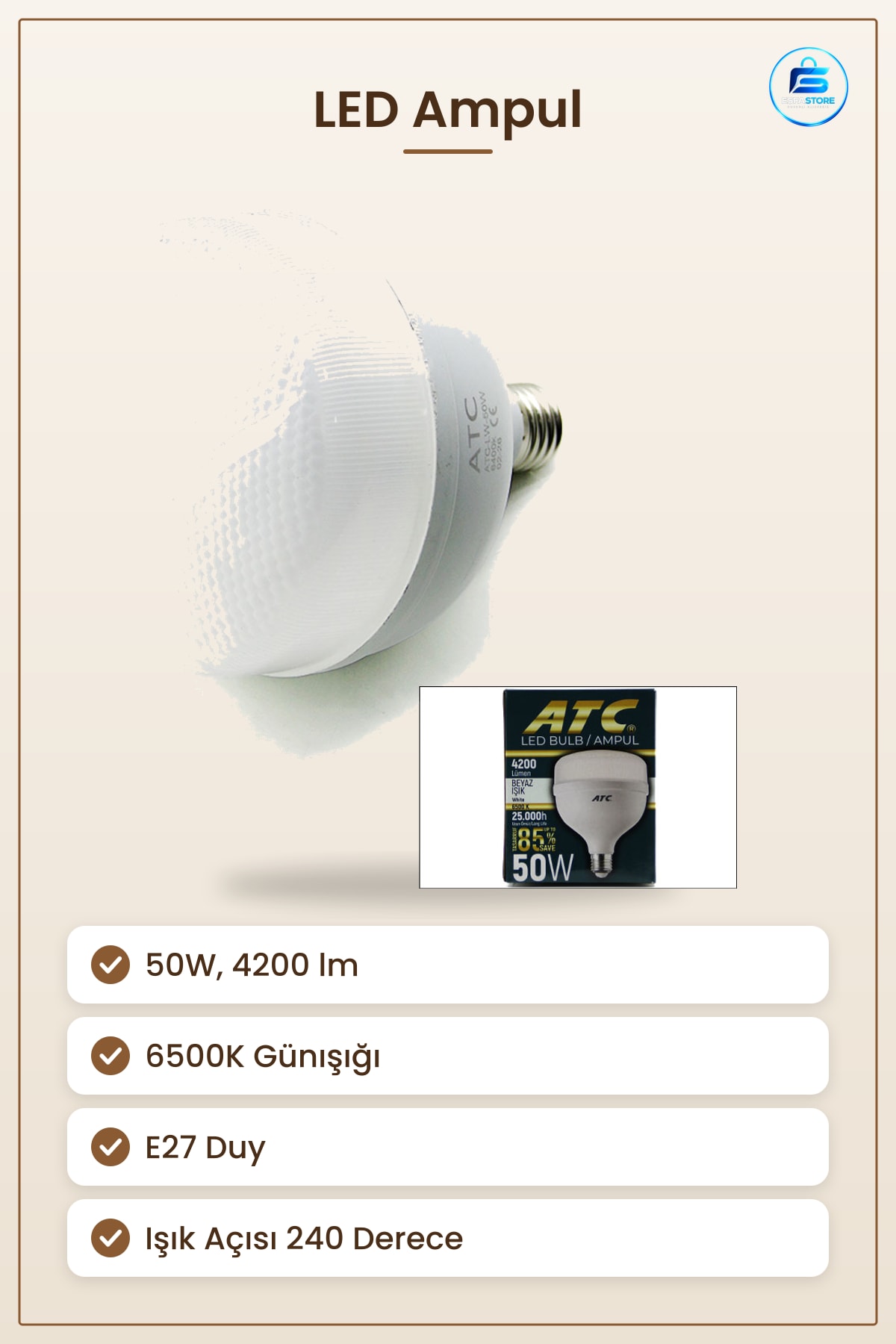 LED Ampul 50W E27 lm 6500K Günışığı İç Mekan Aydınlatma Ev Ofis Depo Atölye Enerji Tasarruflu