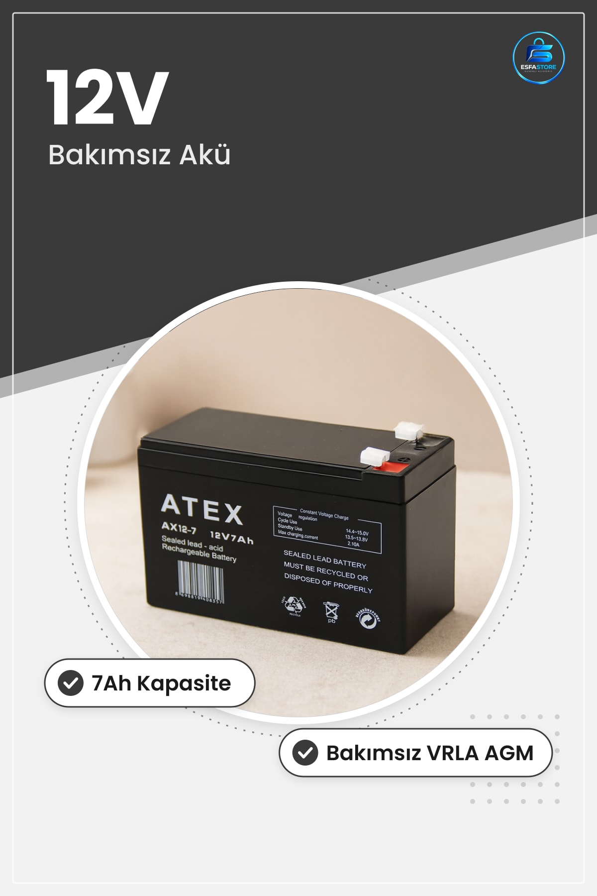 Kuru Akü 12V 7Ah VRLA AGM Kalın Tip Kurşun Asit UPS Scooter Alarm Yedek Güç Bakımsız