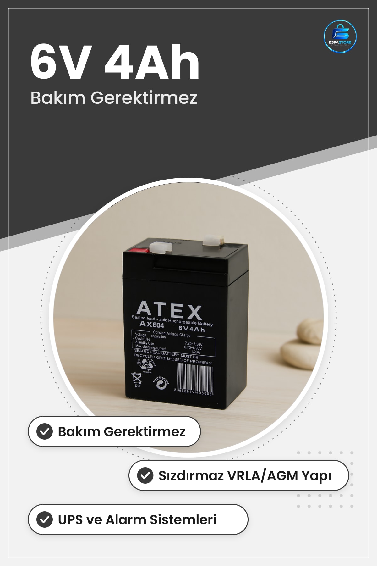Kuru Akü 6V 4Ah Şarjlı Bakım Gerektirmeyen VRLA AGM Sızdırımaz Kurşun Asit Güç Kaynağı