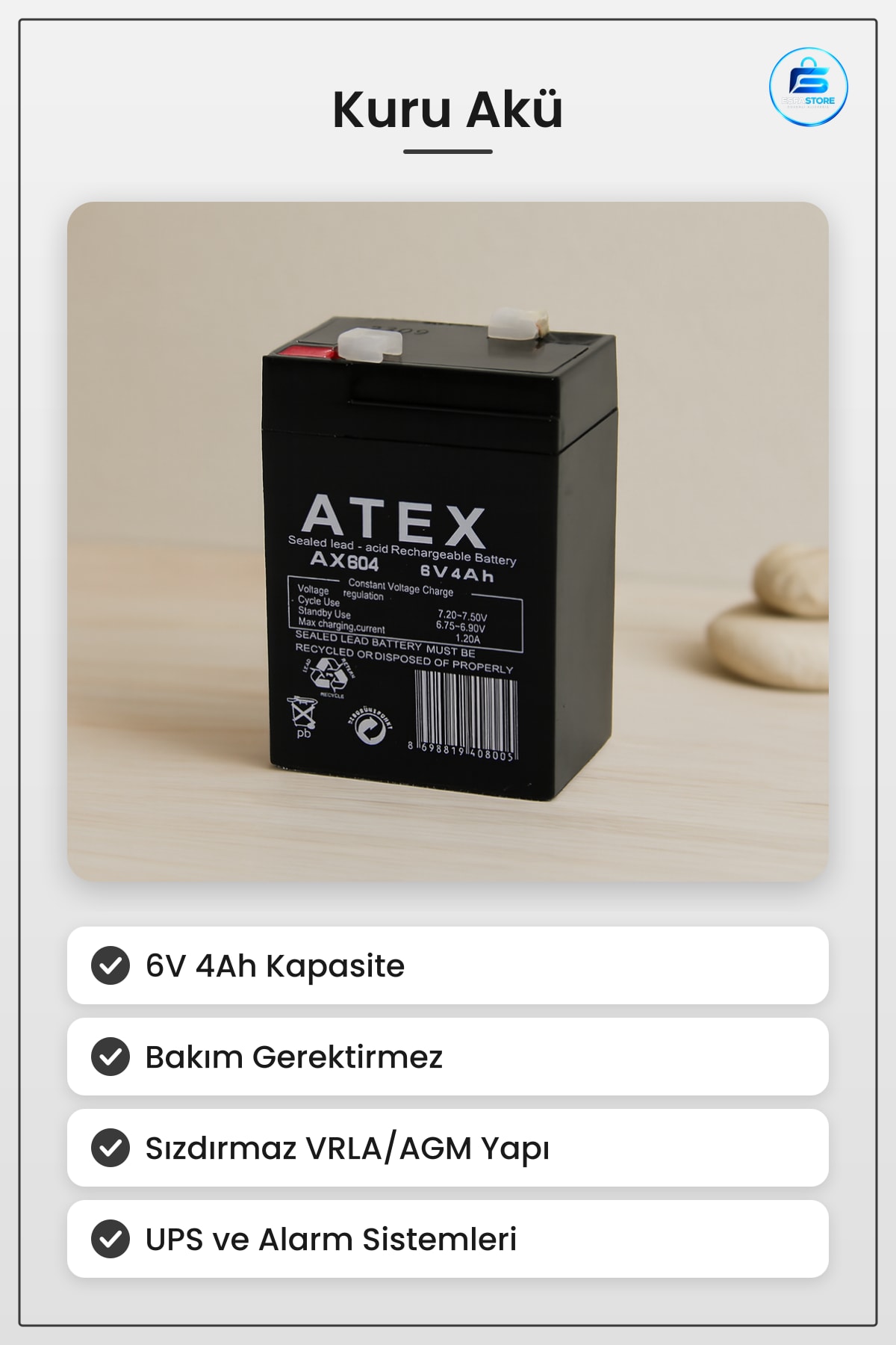 Kuru Akü 6V 4Ah Şarjlı Bakım Gerektirmeyen VRLA AGM Sızdırımaz Kurşun Asit Güç Kaynağı