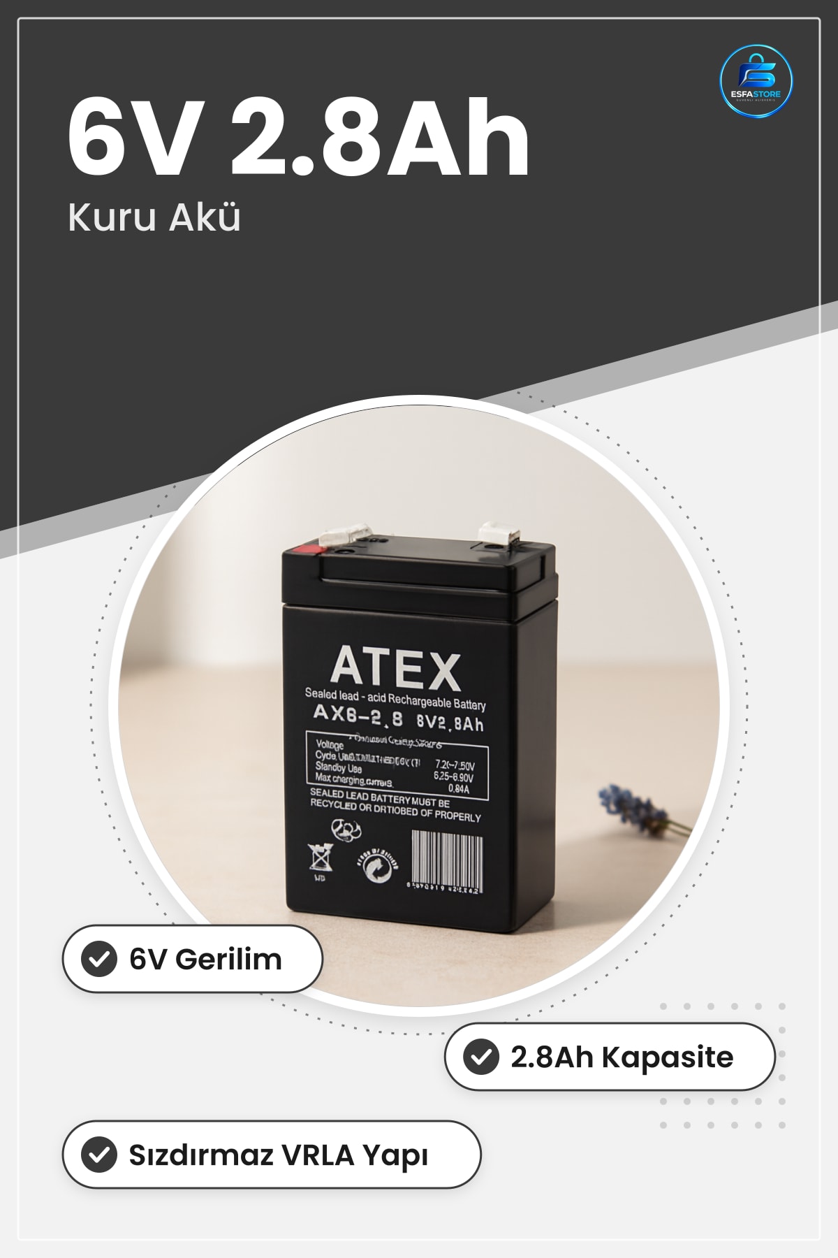 Kuru Akü 6V 2 8Ah İnce Bakım Gerektirmeyen VRLA Sızdırımaz Kurşun Asit UPS Alarm Acil Aydınlatma