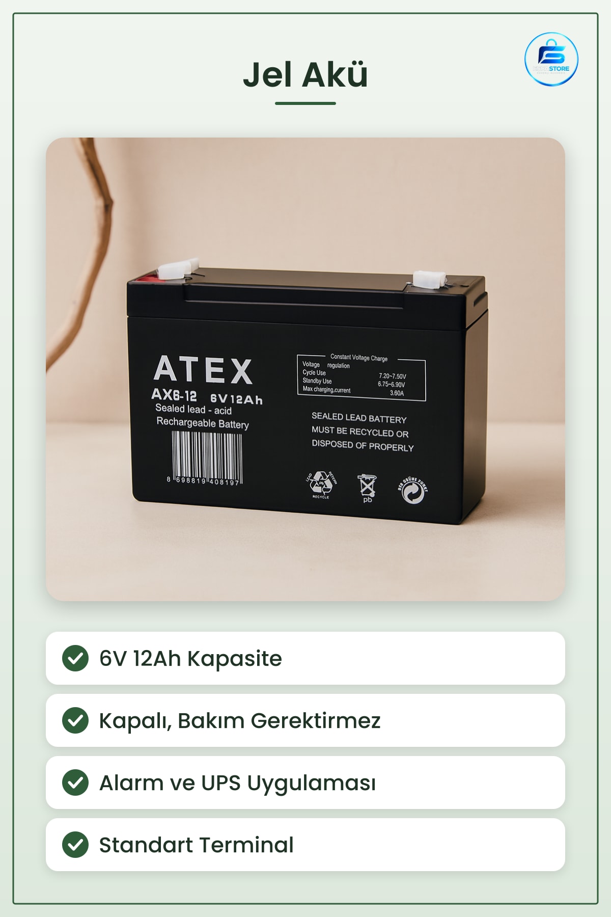 Jel Akü 6V 12Ah İnce Kapalı Kurşun Asit Alarm Sistemi UPS Acil Aydınlatma Scooter Oyuncak