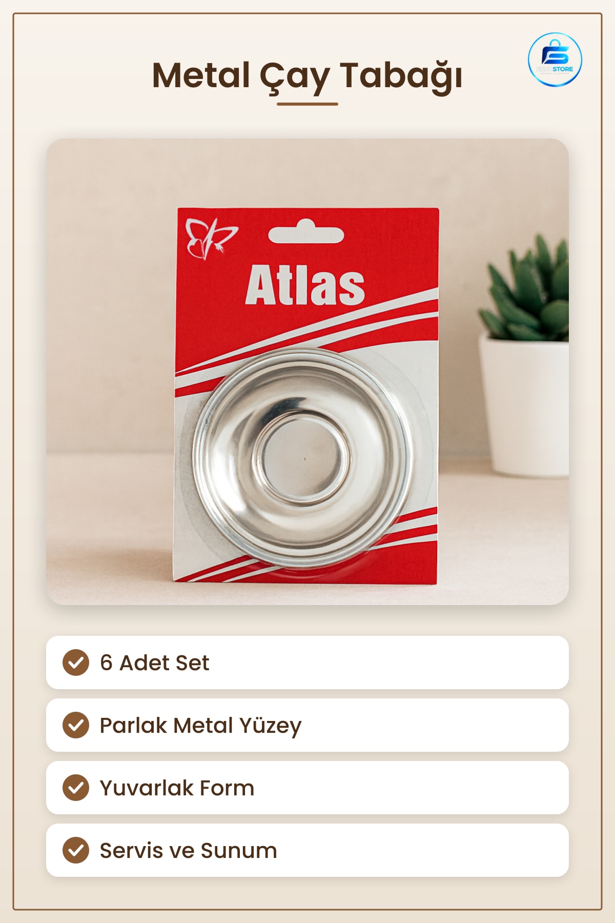Metal Çay Tabağı 6 Adet Parlak Yuvarlak Sofra Tabak Dayanıklı Kafe Ofis Servis Mutfak