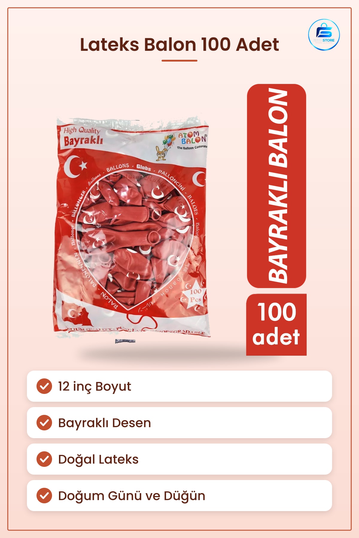 Bayraklı Lateks Balon 12 inç 100 Adet Doğum Günü Düğün Açılış Parti Süslemesi Kutlama
