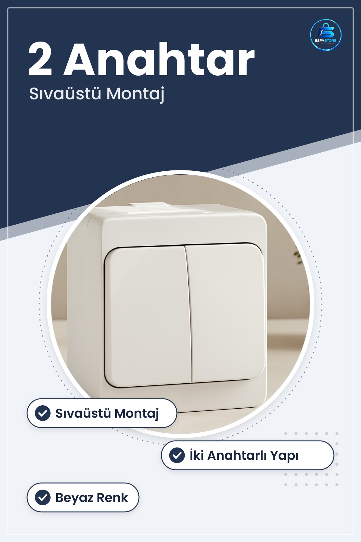 Sıvaüstü Komutâtörlü İki Anahtarlı Anahtar Beyaz Aydınlatma Kontrol Elektrik Tesisat Malzemesi Ev