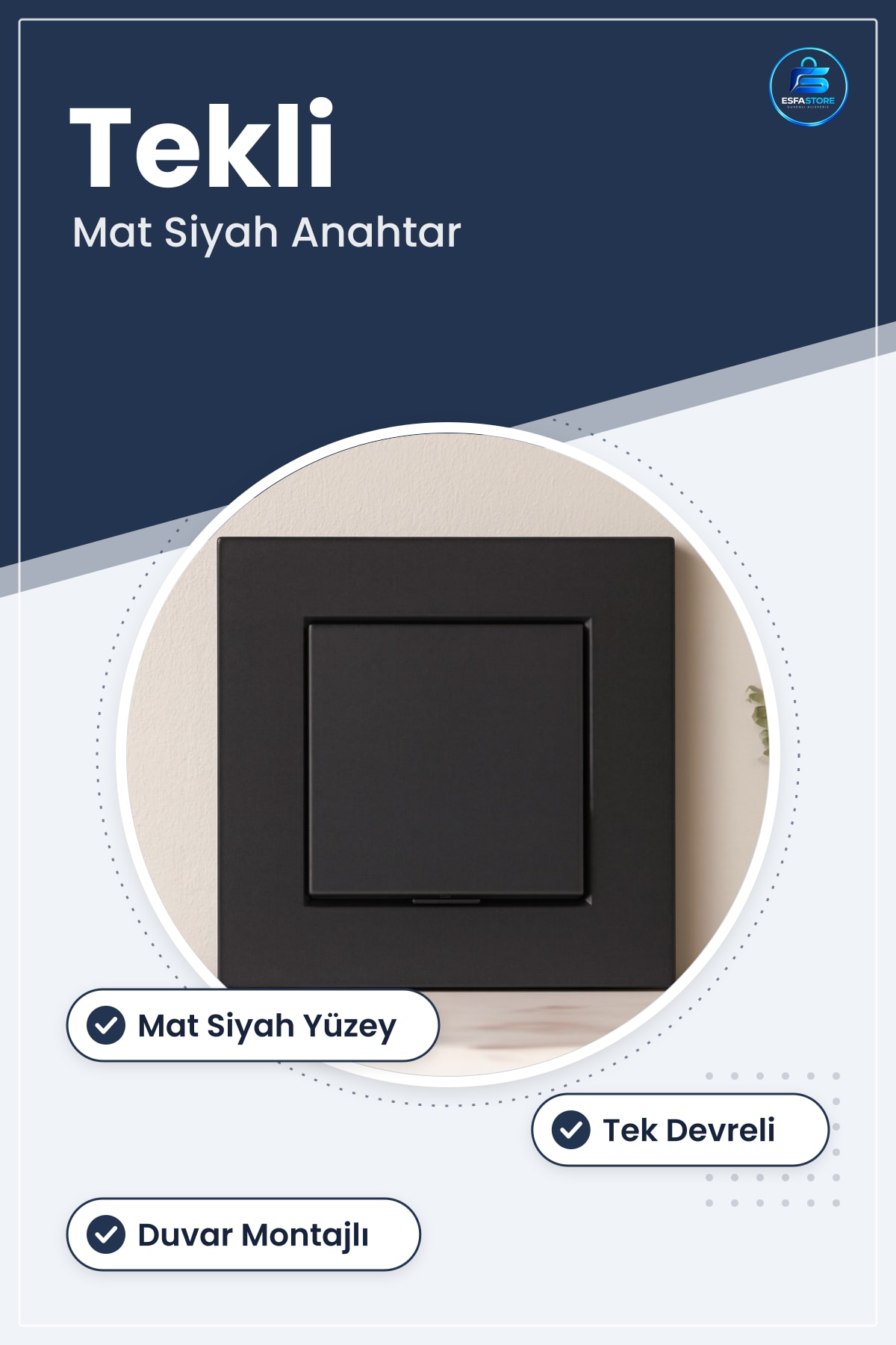 Siyah Tekli Anahtar Priz Mat Duvar Montajlı Ev Ofis Ticari Aydınlatma Tek Devreli Standart Tesisat