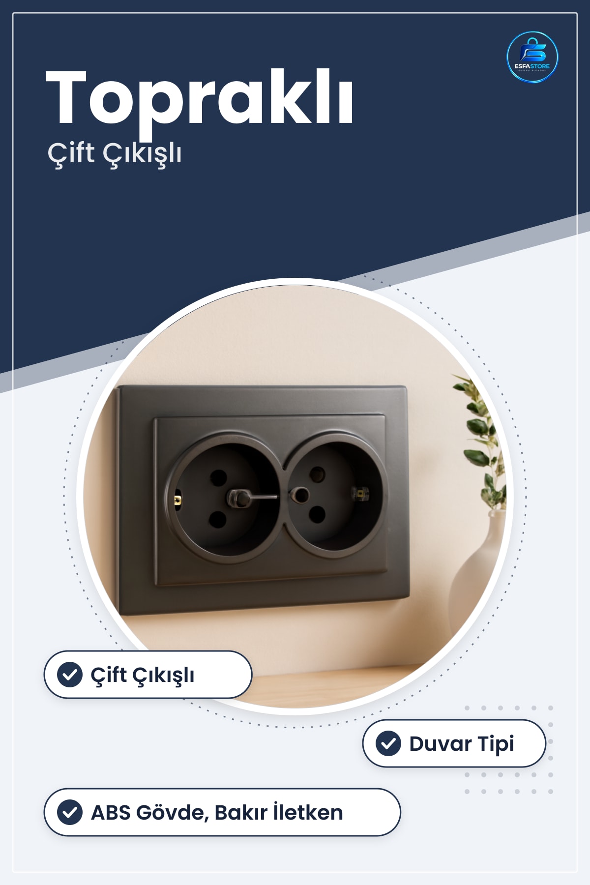 Siyah Topraklı Çift Çıkışlı Priz Duvar Tipi Ev Ofis Atölye Elektrik Tesisat Malzemesi