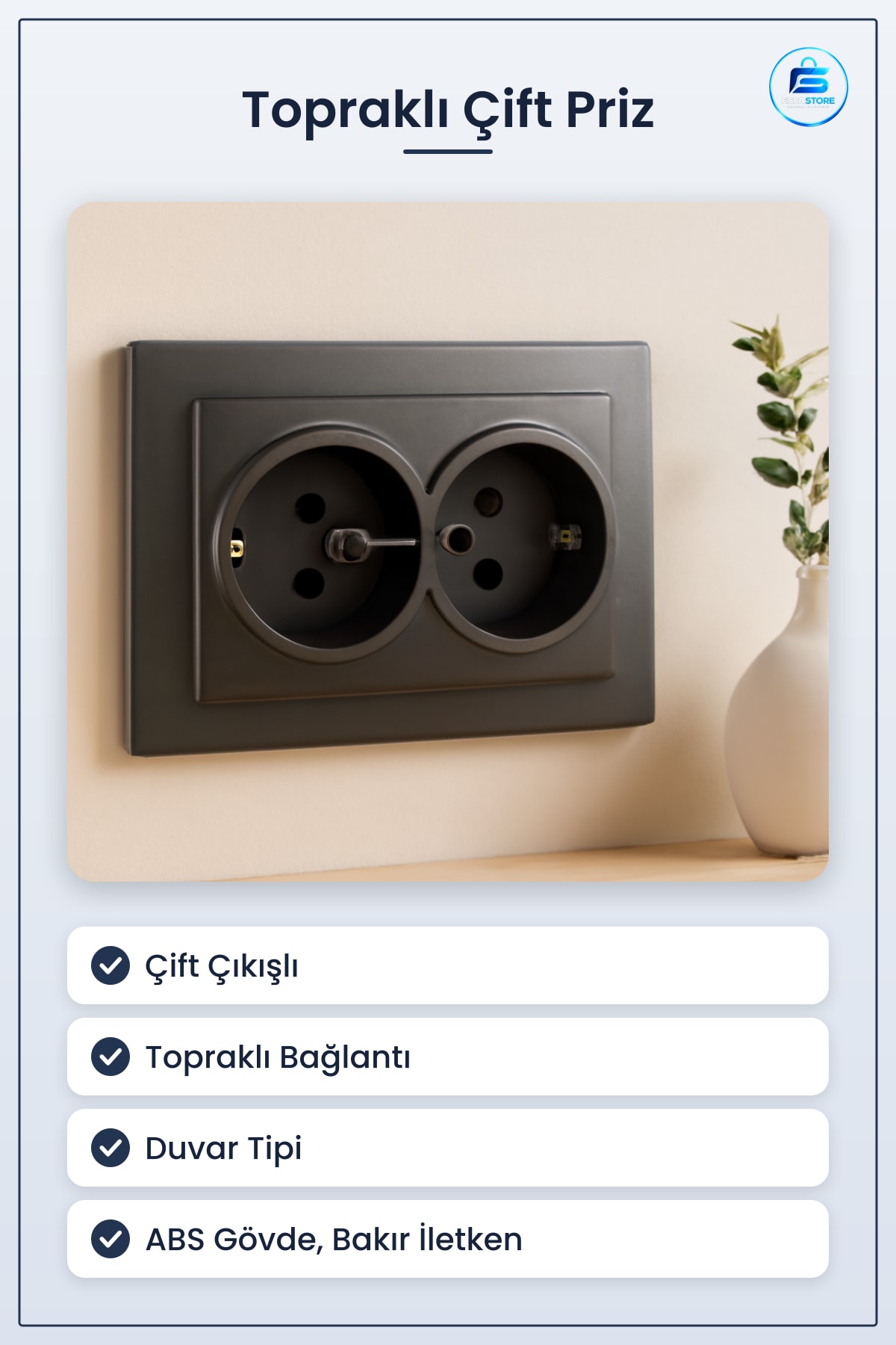 Siyah Topraklı Çift Çıkışlı Priz Duvar Tipi Ev Ofis Atölye Elektrik Tesisat Malzemesi