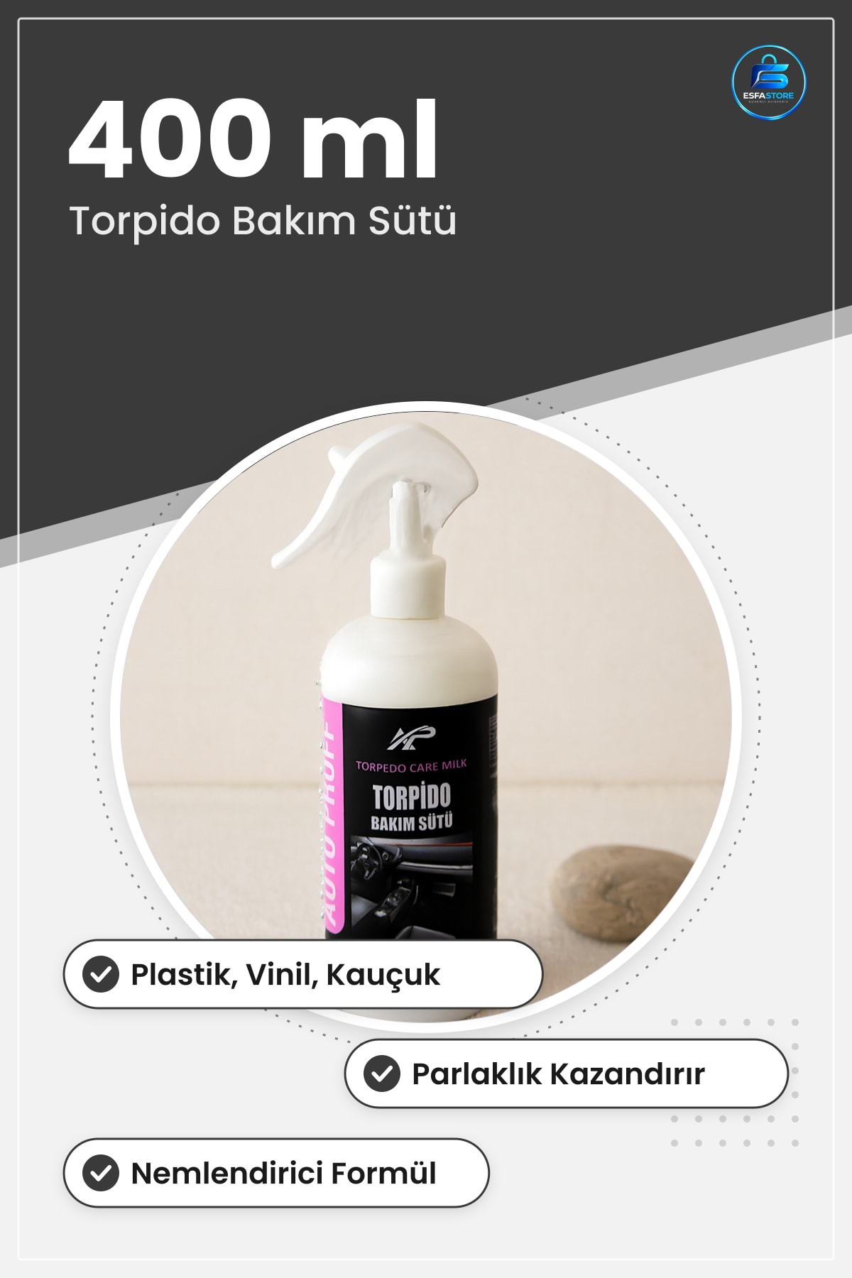 Torpido Bakım Spreyi 400 ml Araç İç Yüzey Plastik Vinil Kauçuk Parlaklık Koruyucu Oto Sütü