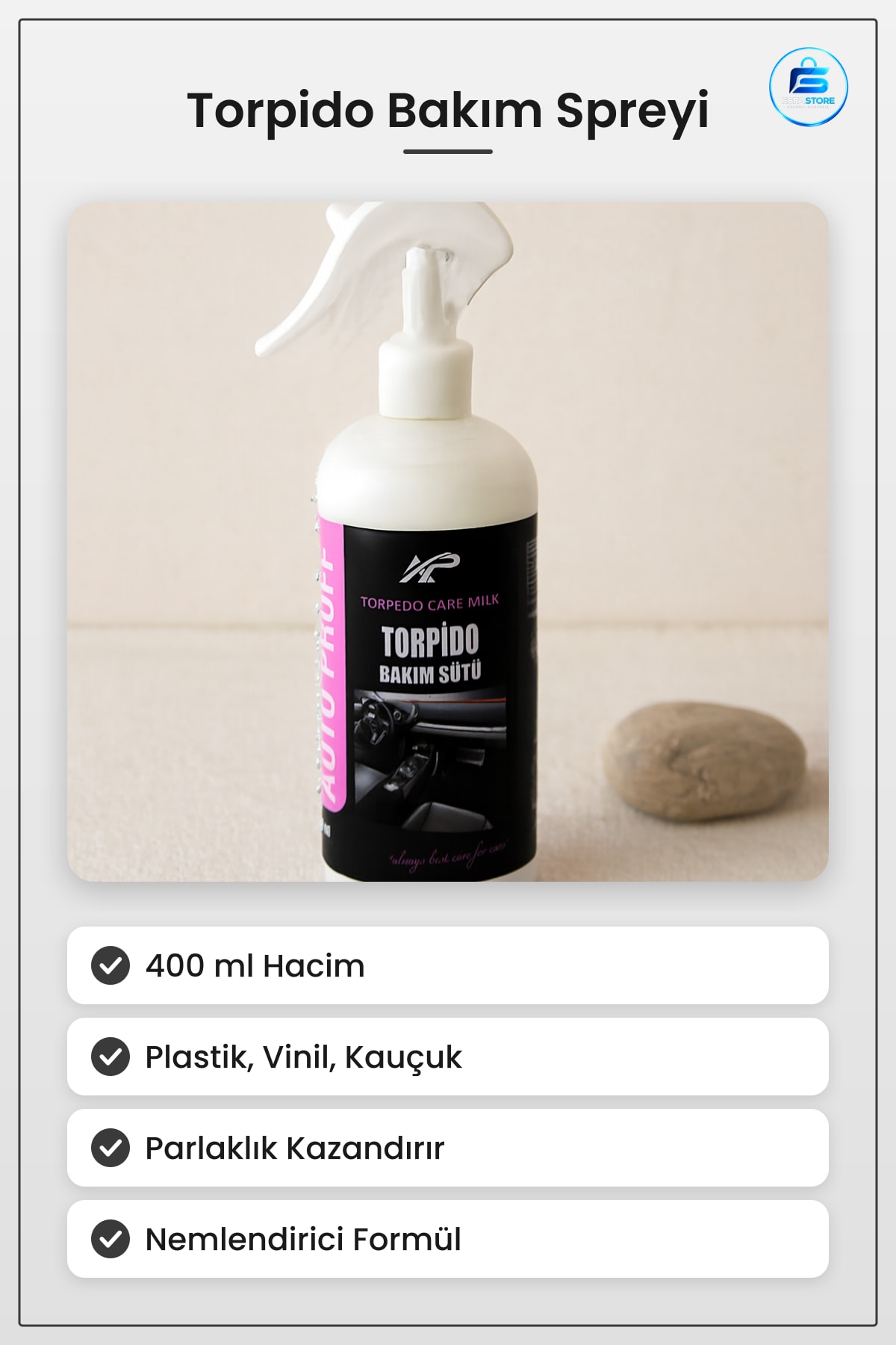 Torpido Bakım Spreyi 400 ml Araç İç Yüzey Plastik Vinil Kauçuk Parlaklık Koruyucu Oto Sütü
