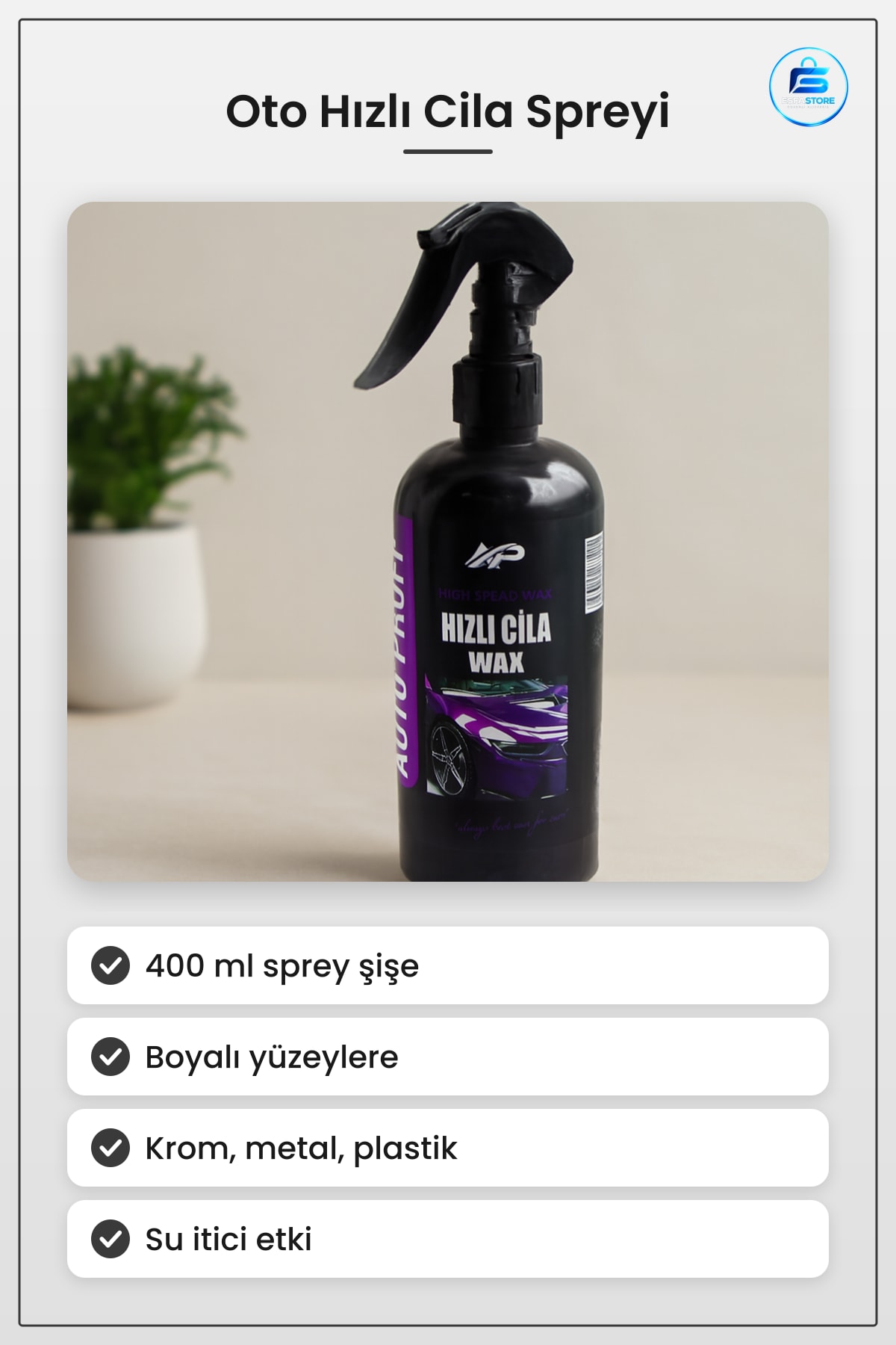 Oto Hızlı Cila Sprey Wax 400 ml Boyalı Yüzey Krom Metal Plastik Parlatıcı Koruyucu Bakım