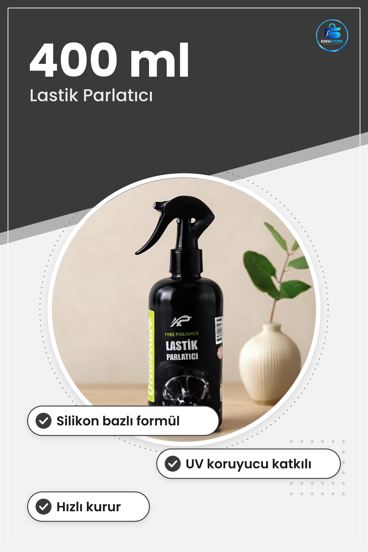 Lastik Bakım Ürünü Parlatıcı Sprey 400 ml Silikon Bazlı UV Koruyucu Oto Parlaklık Araç