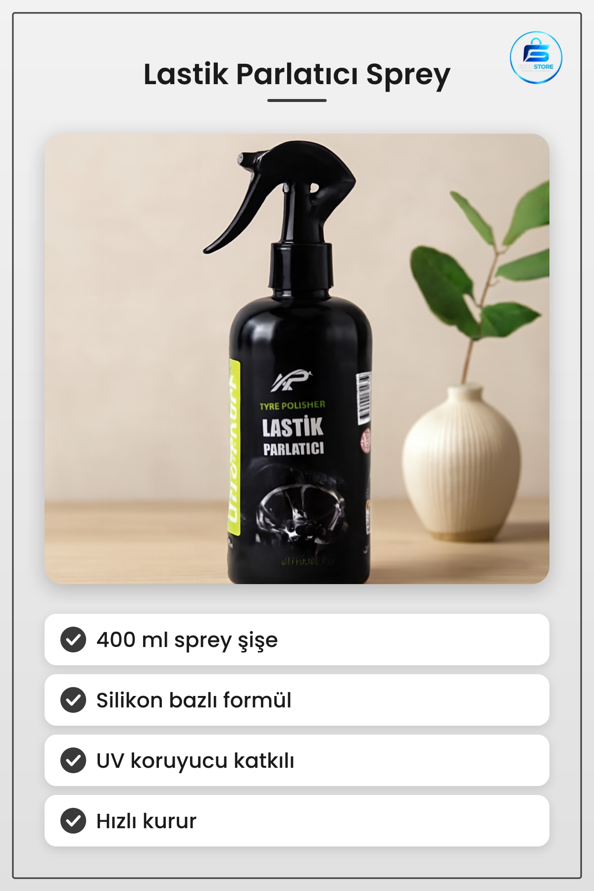 Lastik Bakım Ürünü Parlatıcı Sprey 400 ml Silikon Bazlı UV Koruyucu Oto Parlaklık Araç