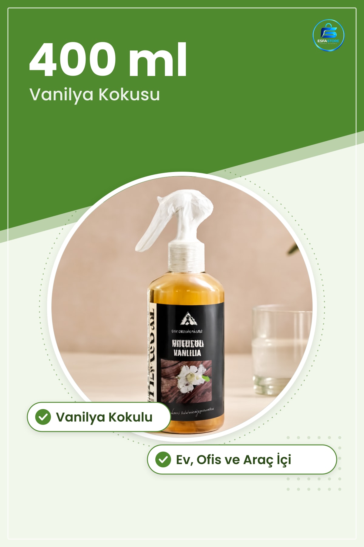 Vanilya Oda Spreyi 400 ml Sprey Şişe Ev Ofis Araç İçi Koku Giderici Hava Ferahlatıcı Pratik Kullanım