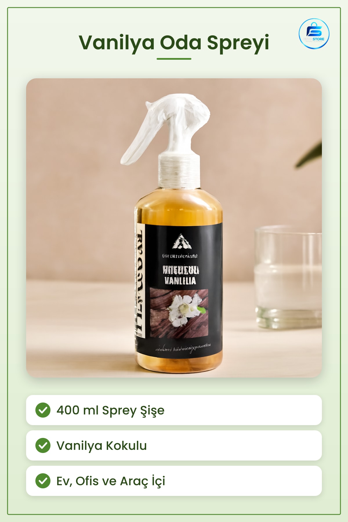 Vanilya Oda Spreyi 400 ml Sprey Şişe Ev Ofis Araç İçi Koku Giderici Hava Ferahlatıcı Pratik Kullanım