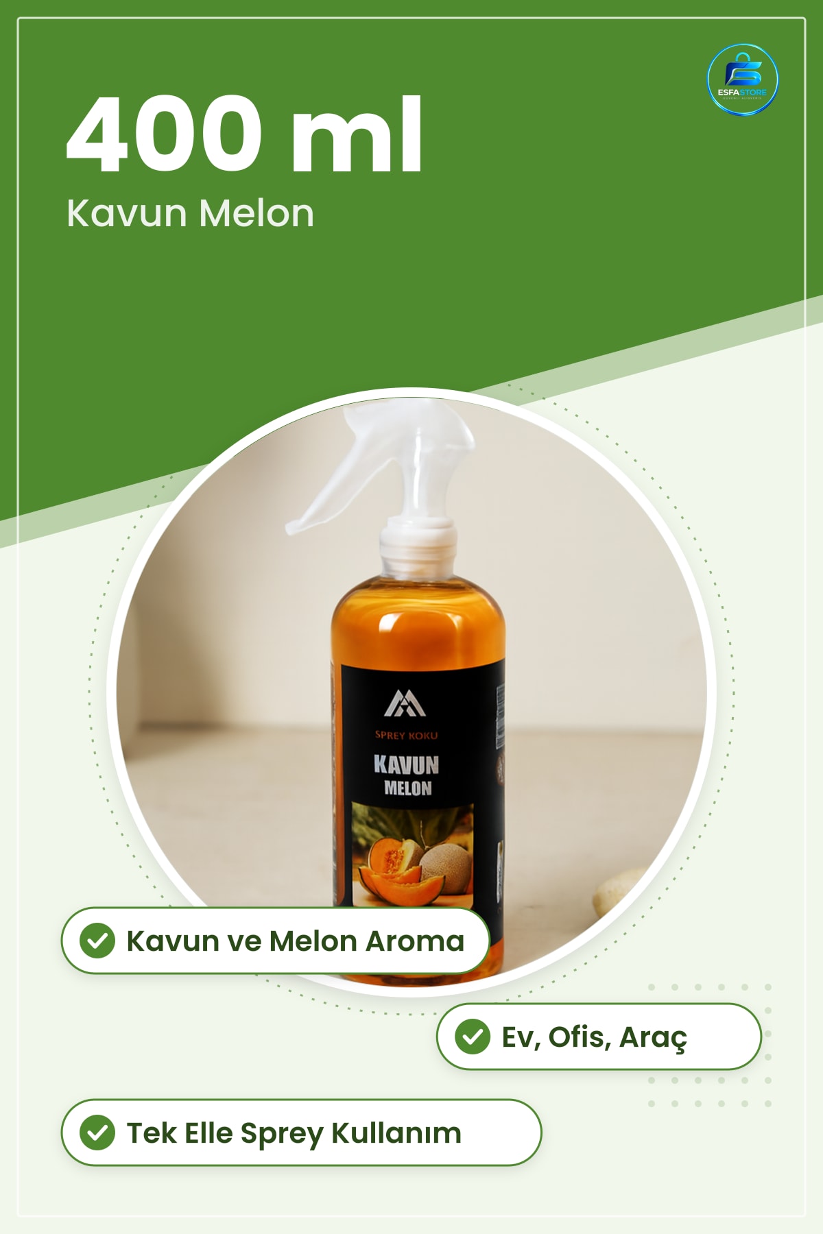 Oda Spreyi 400 ml Kavun Melon Koku Giderici ve Hava Temizleyici Ferahlatıcı Ev Ofis Araç