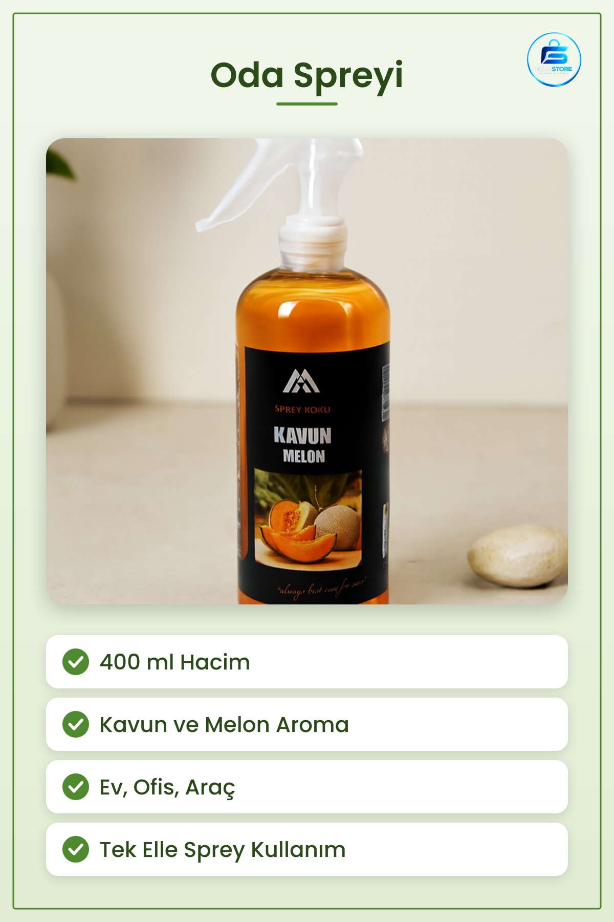 Oda Spreyi 400 ml Kavun Melon Koku Giderici ve Hava Temizleyici Ferahlatıcı Ev Ofis Araç