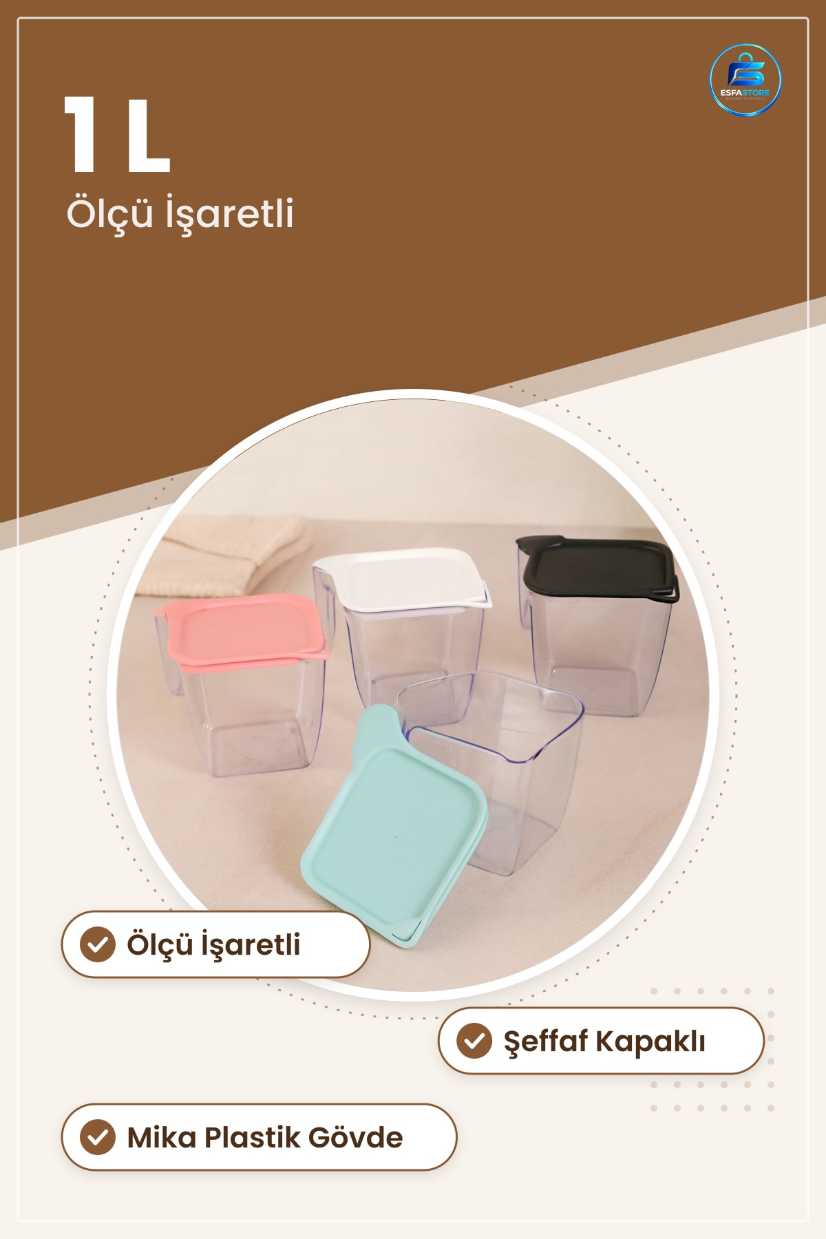 Saklama Kabı 1 L Plastik Ölçü İşaretli Şeffaf Kapaklı Mutfak Düzenleyici Hafif Dayanıklı Adet