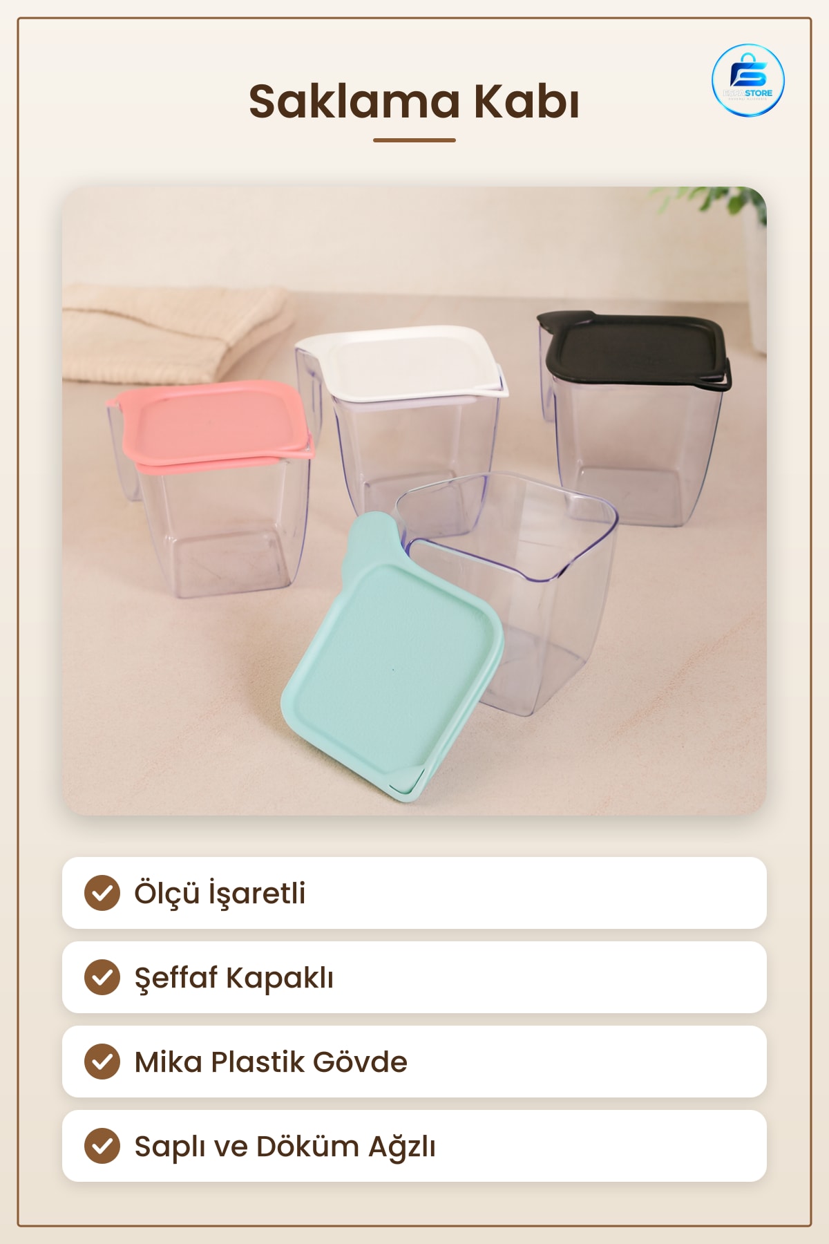 Saklama Kabı 1 L Plastik Ölçü İşaretli Şeffaf Kapaklı Mutfak Düzenleyici Hafif Dayanıklı Adet