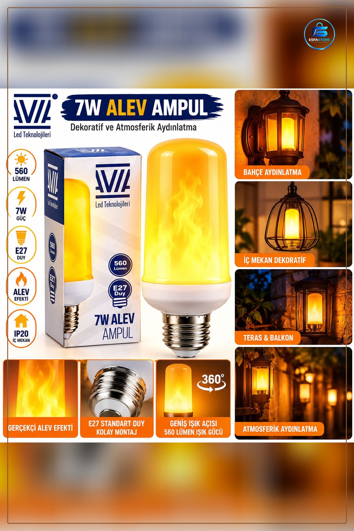 Alev Görünümlü Ampul 7 W Lümen E27 Duy Dekoratif Efekt Aydınlatma Oturma Odası Kafe Aplik Avize
