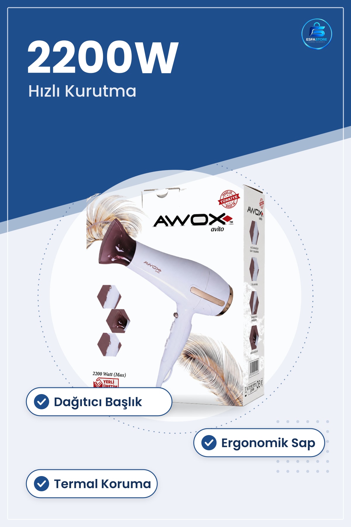 Saç Kurutma Makinesi 2200W Beyaz Hızlı Ev Seyahat Kullanımı Dağıtıcı Başlıklı Ergonomik Sap