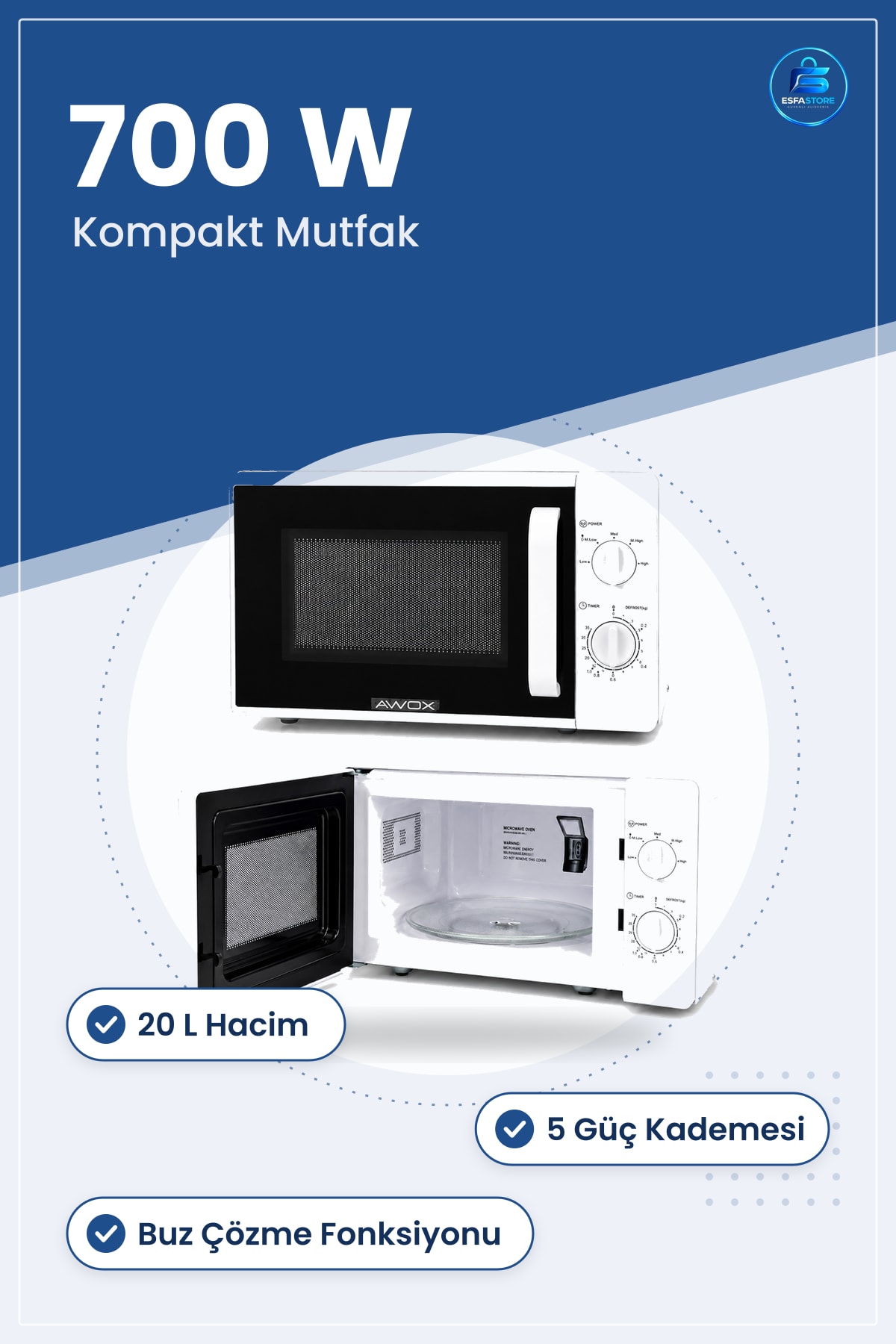 Mikrodalga Fırın 20 L 700 W Buz Çözme Fonksiyonlu 5 Güç Kademeli Beyaz Kompakt Mutfak Ev Ofis