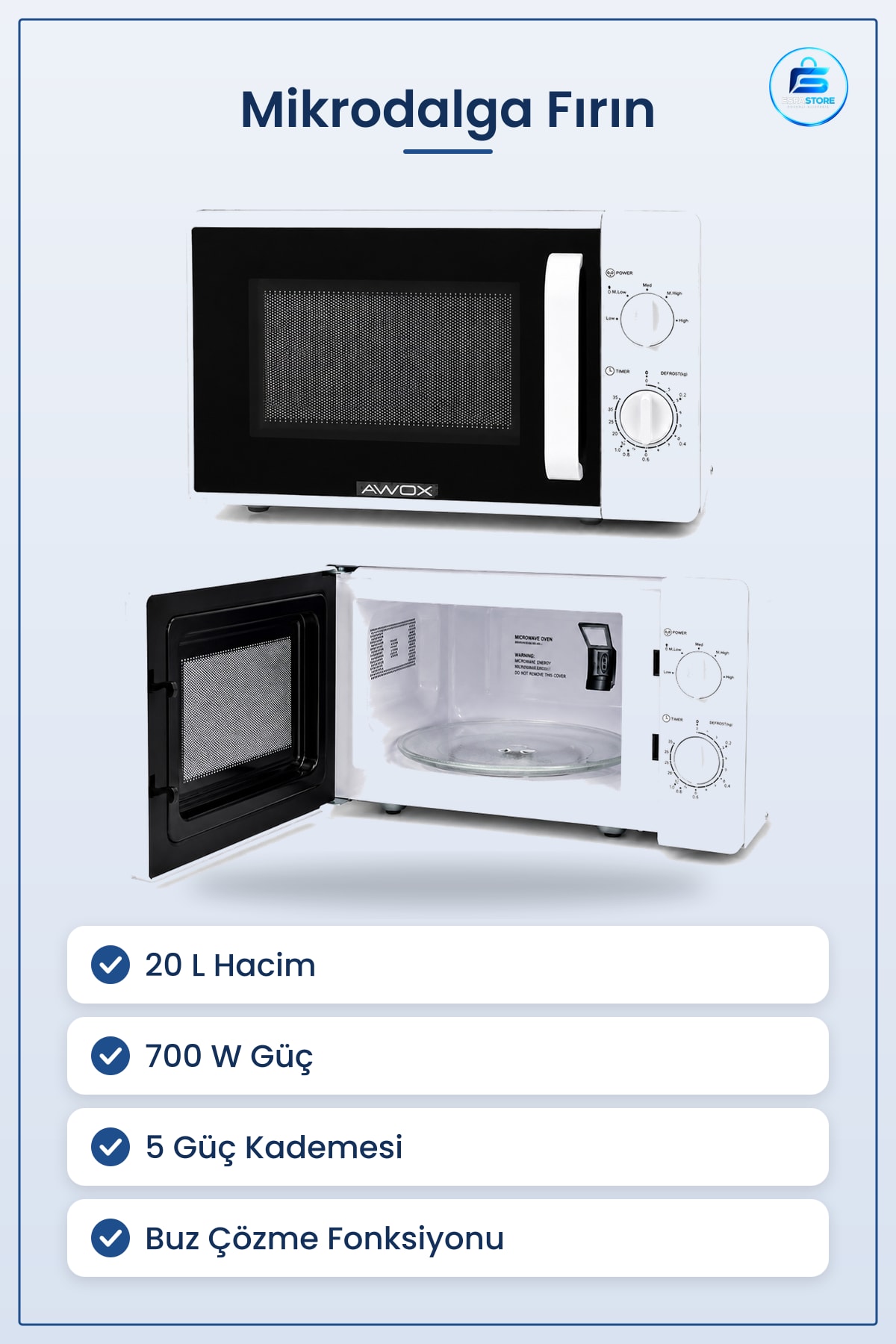 Mikrodalga Fırın 20 L 700 W Buz Çözme Fonksiyonlu 5 Güç Kademeli Beyaz Kompakt Mutfak Ev Ofis