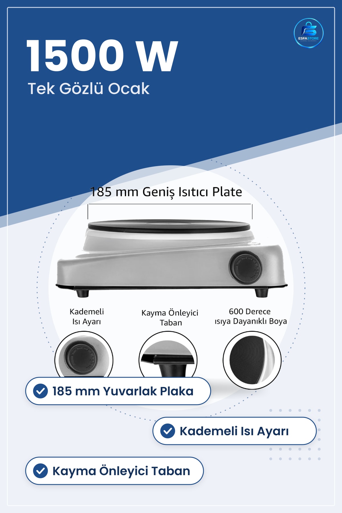 Tek Gözlü Elektrikli Ocak 1500W 185 mm Yuvarlak Plaka Kademeli Isı Ayarı Kayma Önleyici Taban
