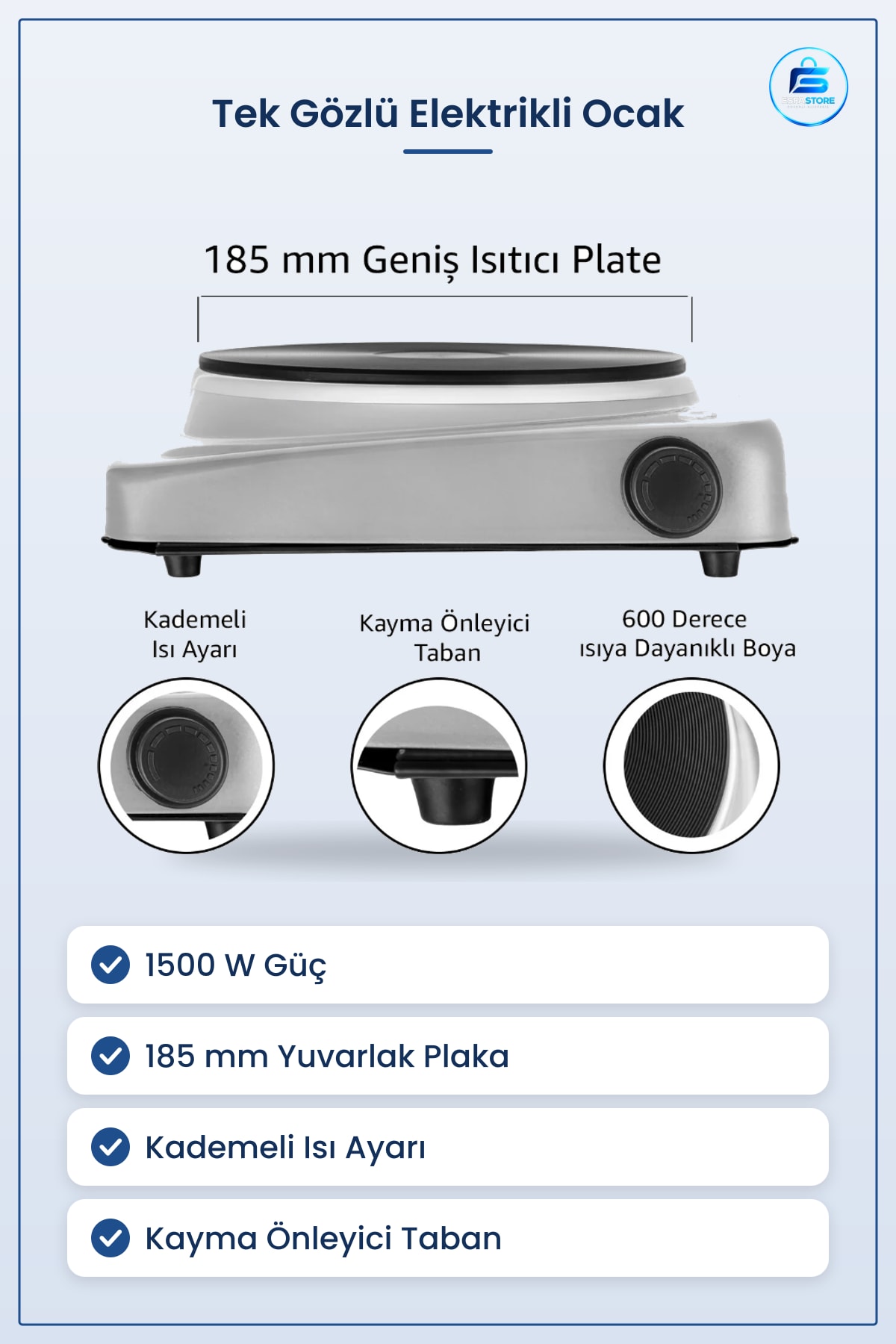Tek Gözlü Elektrikli Ocak 1500W 185 mm Yuvarlak Plaka Kademeli Isı Ayarı Kayma Önleyici Taban