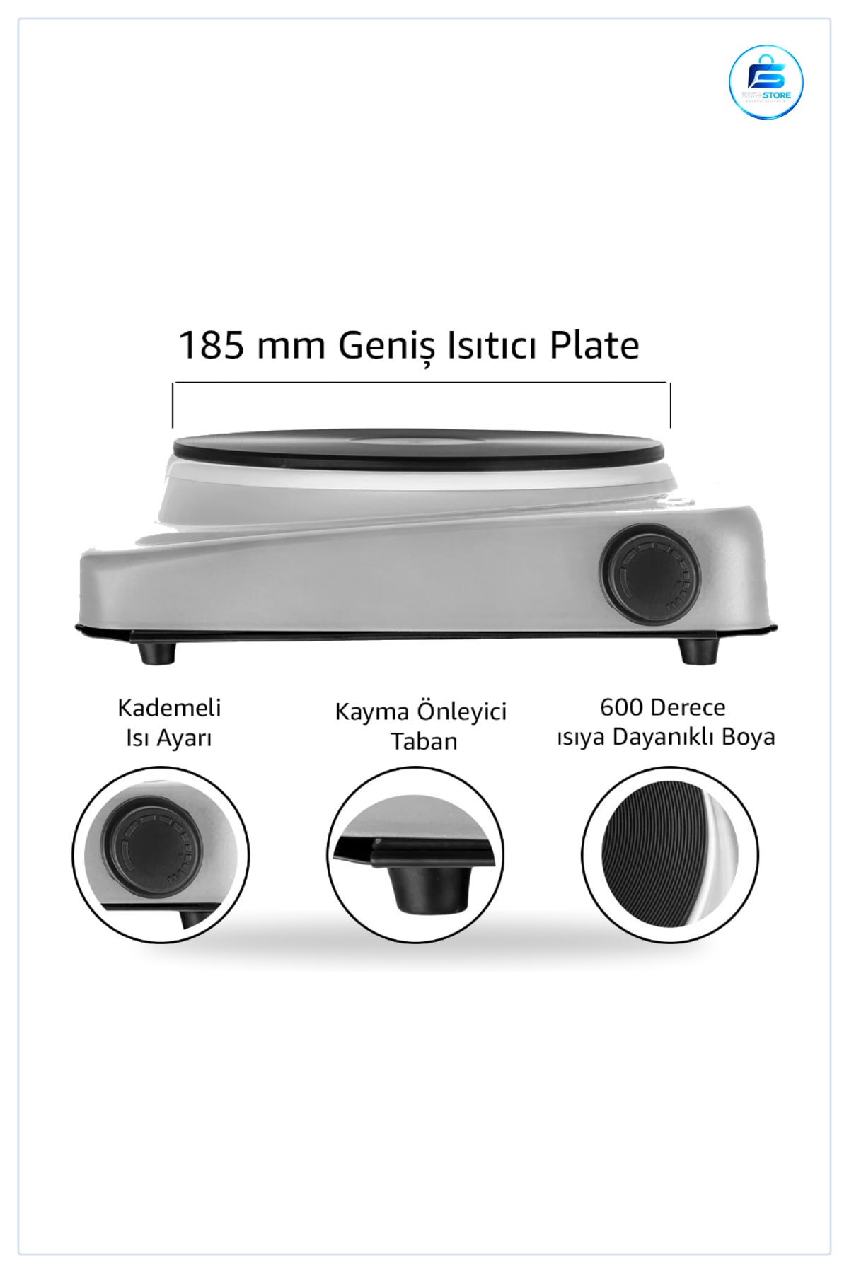 Tek Gözlü Elektrikli Ocak 1500W 185 mm Yuvarlak Plaka Kademeli Isı Ayarı Kayma Önleyici Taban