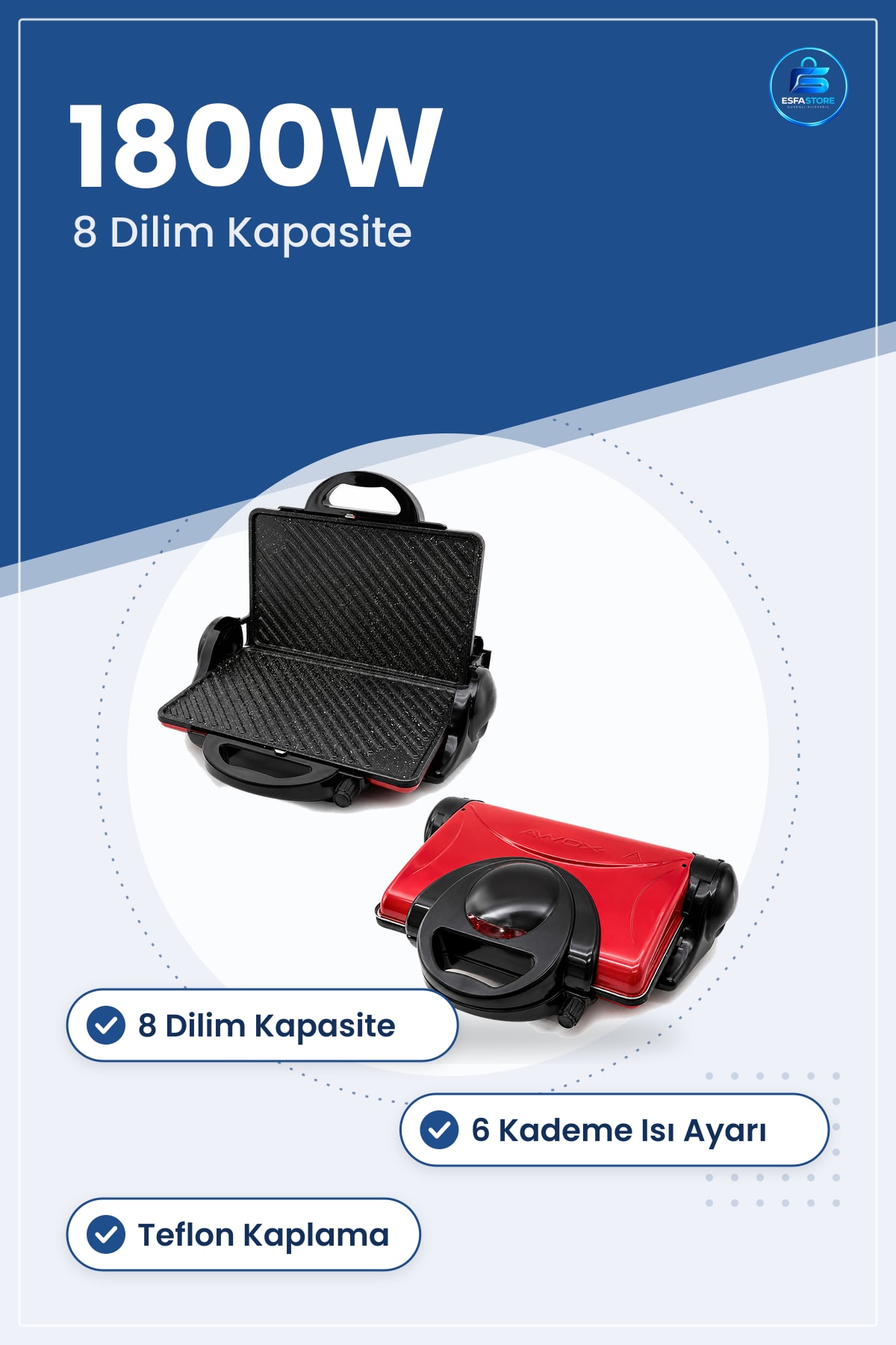 Tost Makinesi Elektrikli 8 Dilim 1800W ° Izgara 6 Kademe Teflon Kaplama Panini Mutfak