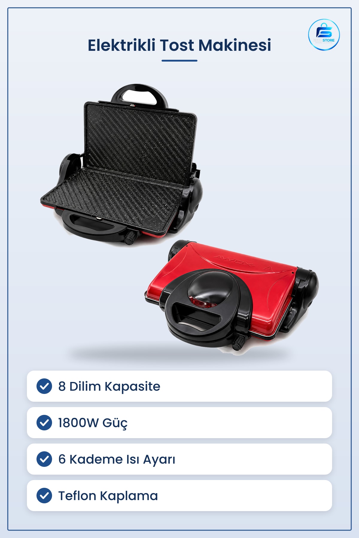 Tost Makinesi Elektrikli 8 Dilim 1800W ° Izgara 6 Kademe Teflon Kaplama Panini Mutfak