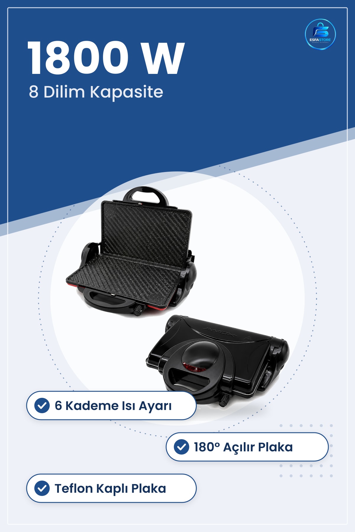 Tost Makinesi 8 Dilim 1800W ° Açılır ızgara 6 Kademe Isı Teflon Kaplama Elektrikli