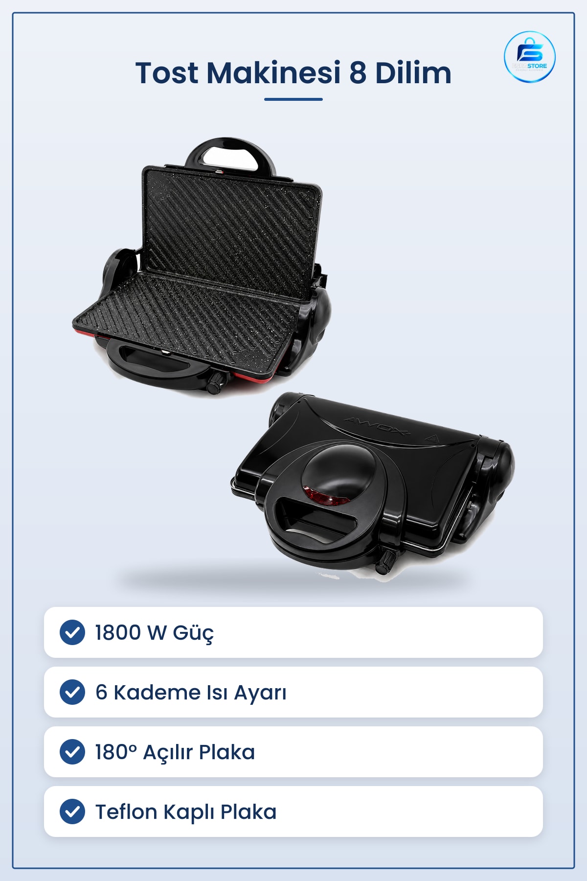 Tost Makinesi 8 Dilim 1800W ° Açılır ızgara 6 Kademe Isı Teflon Kaplama Elektrikli