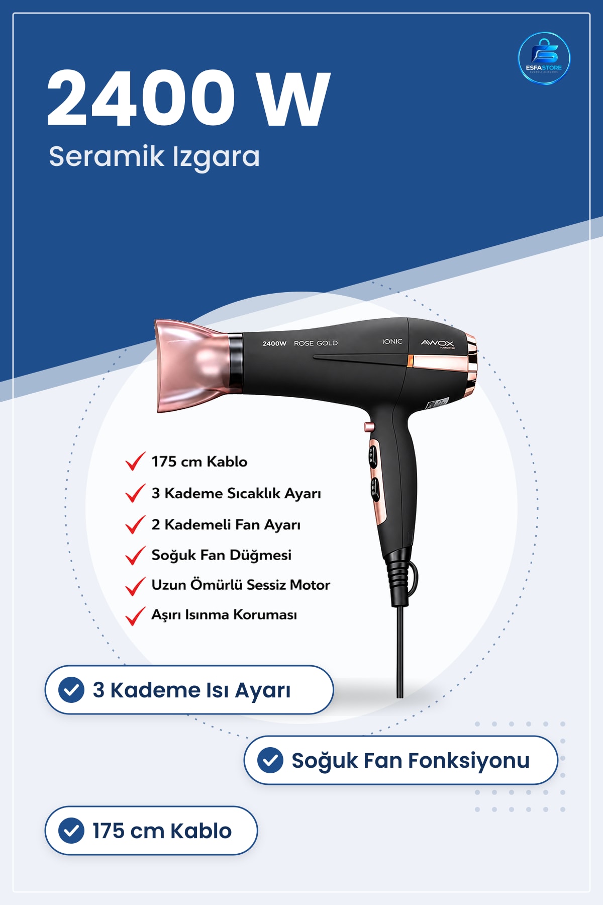 Saç Kurutma Makinesi 2400 W Fon Soğuk Fan 3 Kademe Isı Ayarı Seramik Işın 175 cm Kablo Ev Kullanımı