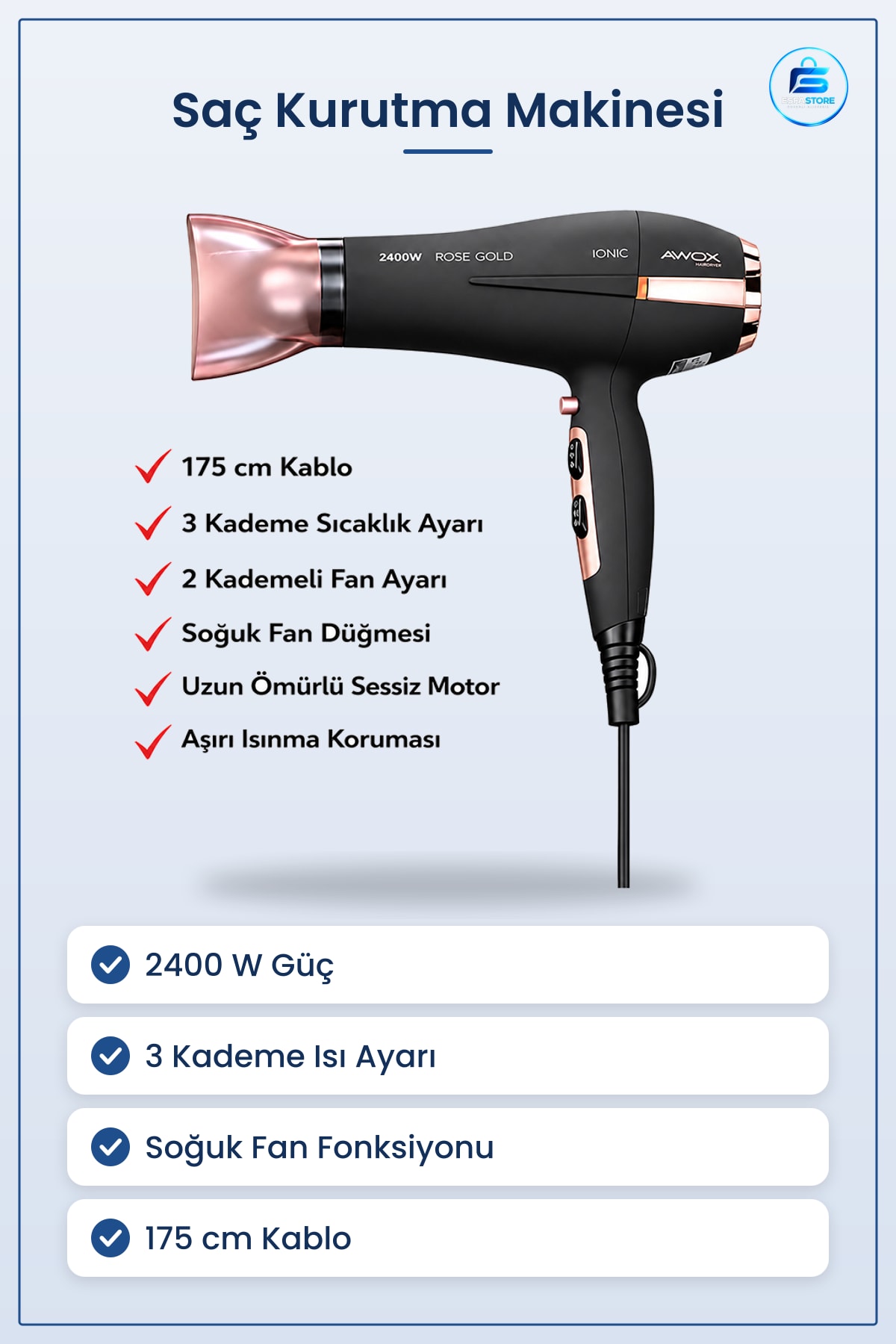 Saç Kurutma Makinesi 2400 W Fon Soğuk Fan 3 Kademe Isı Ayarı Seramik Işın 175 cm Kablo Ev Kullanımı