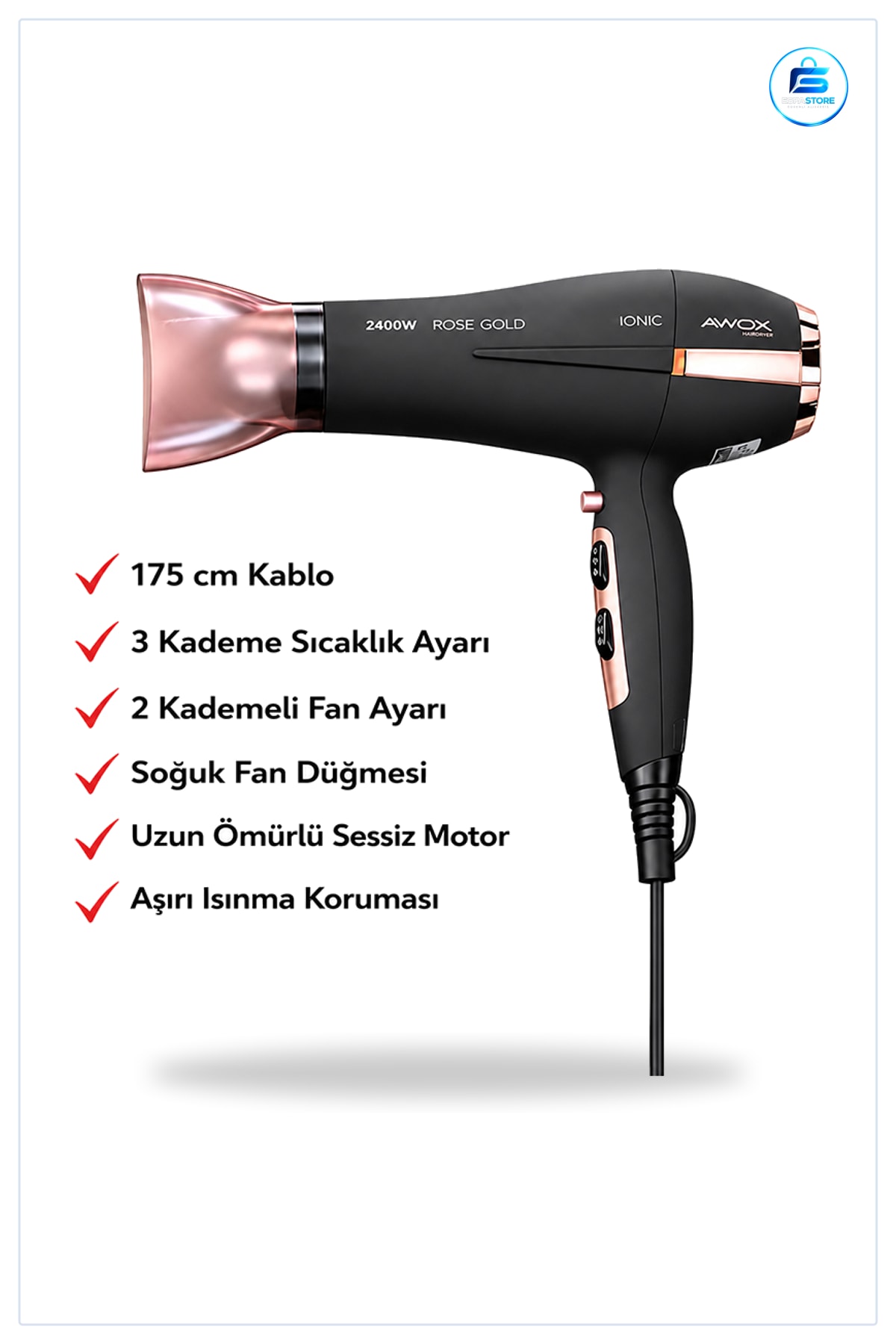Saç Kurutma Makinesi 2400 W Fon Soğuk Fan 3 Kademe Isı Ayarı Seramik Işın 175 cm Kablo Ev Kullanımı