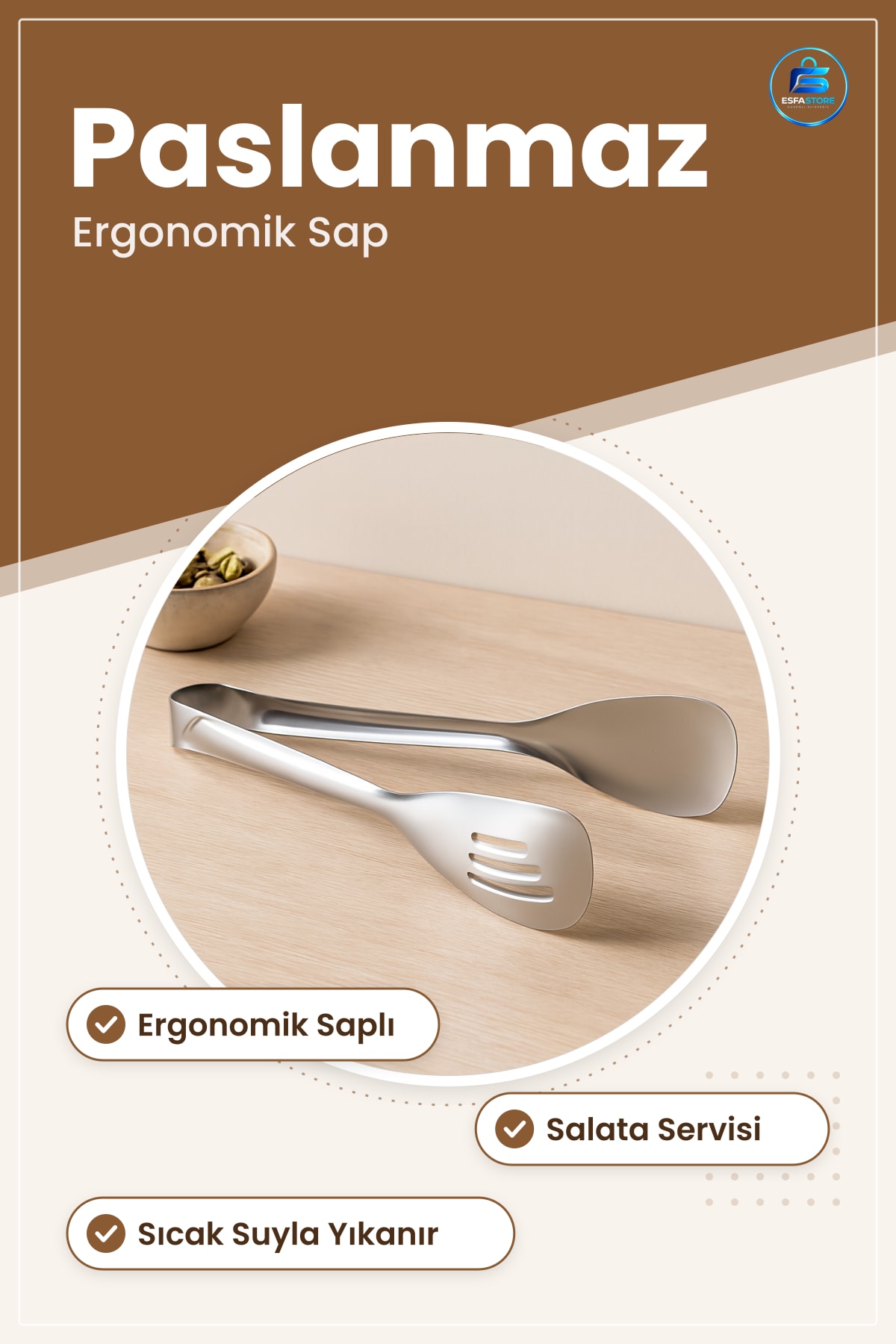 Salata Maşası Paslanmaz Çelik Lüks Servis Karmaştırma Ergonomik Saplı Sofra Mutfak Sunum
