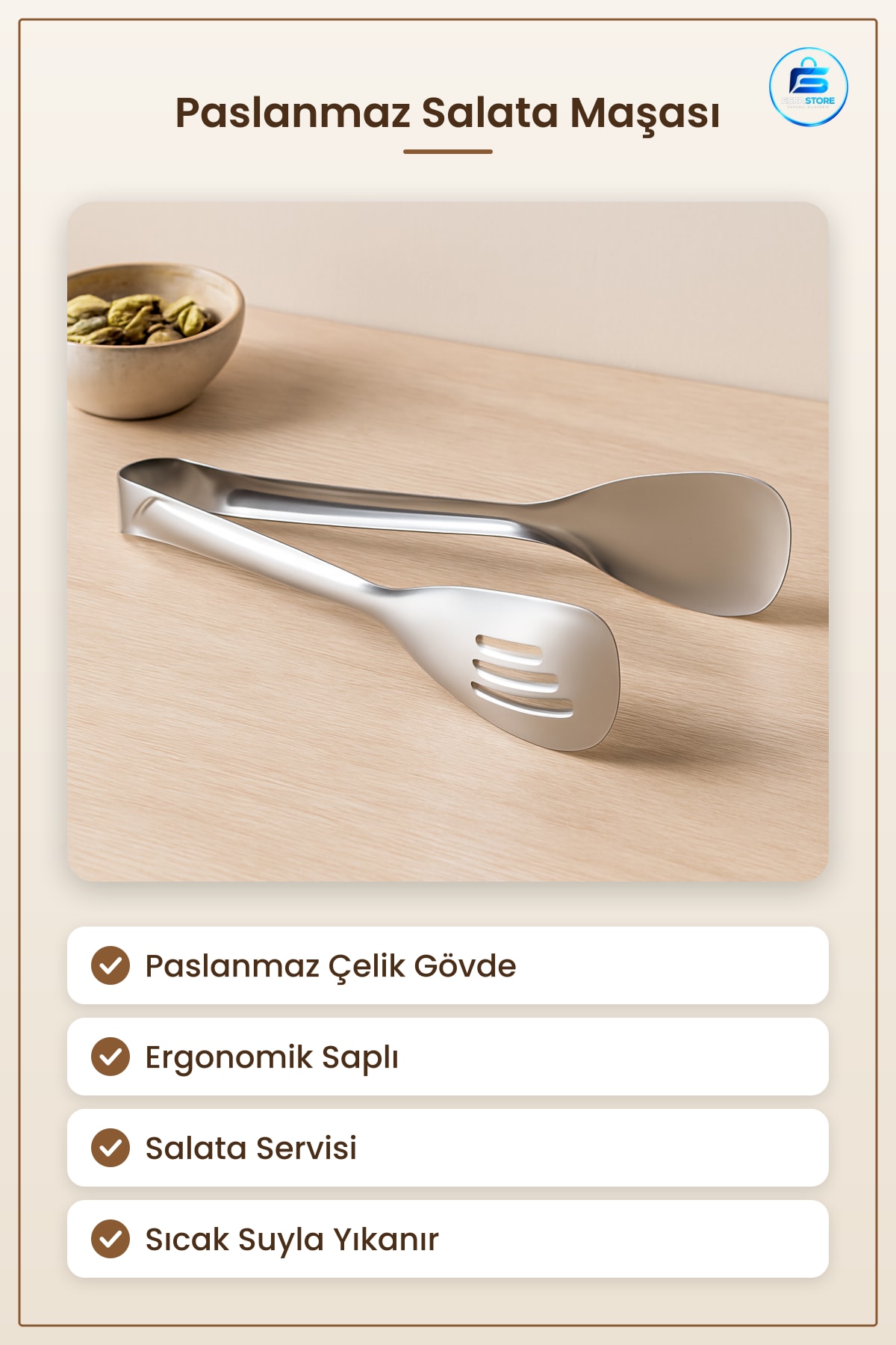 Salata Maşası Paslanmaz Çelik Lüks Servis Karmaştırma Ergonomik Saplı Sofra Mutfak Sunum