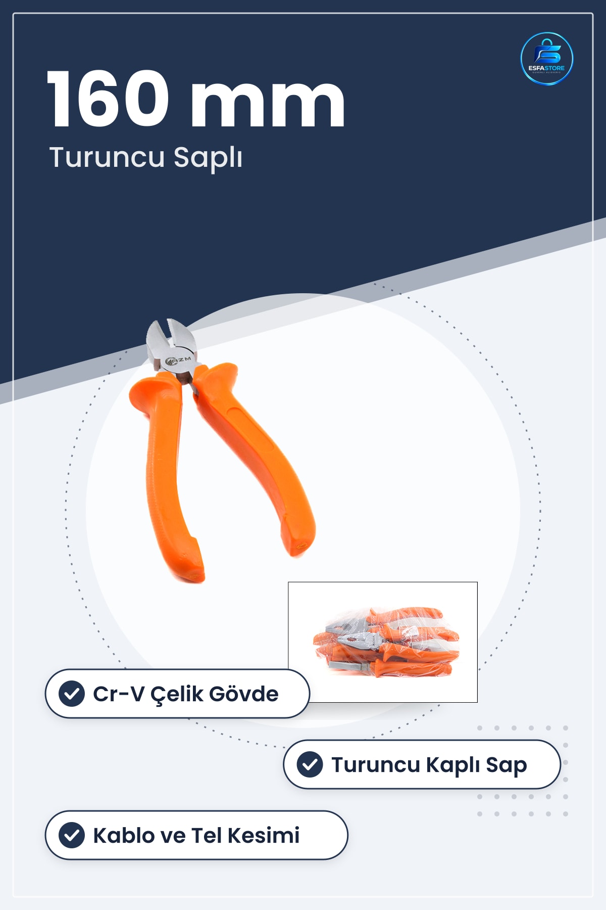 Yan Keski 160 mm Krom Vanadyum Turuncu Saplı Kablo Tel Kesici Pense Hırdavat El Aleti