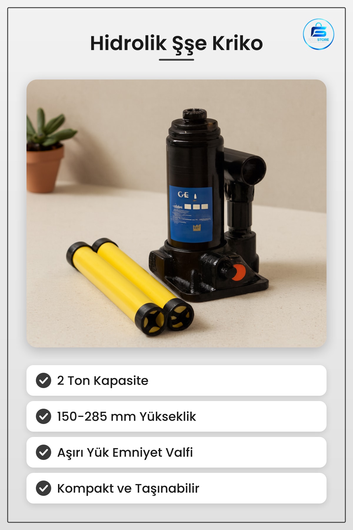 Hidrolik Şişe Kriko 2 Ton /285 mm Oto Araç Lastik Değişimi Kaldırma Aracı Servis Atölye