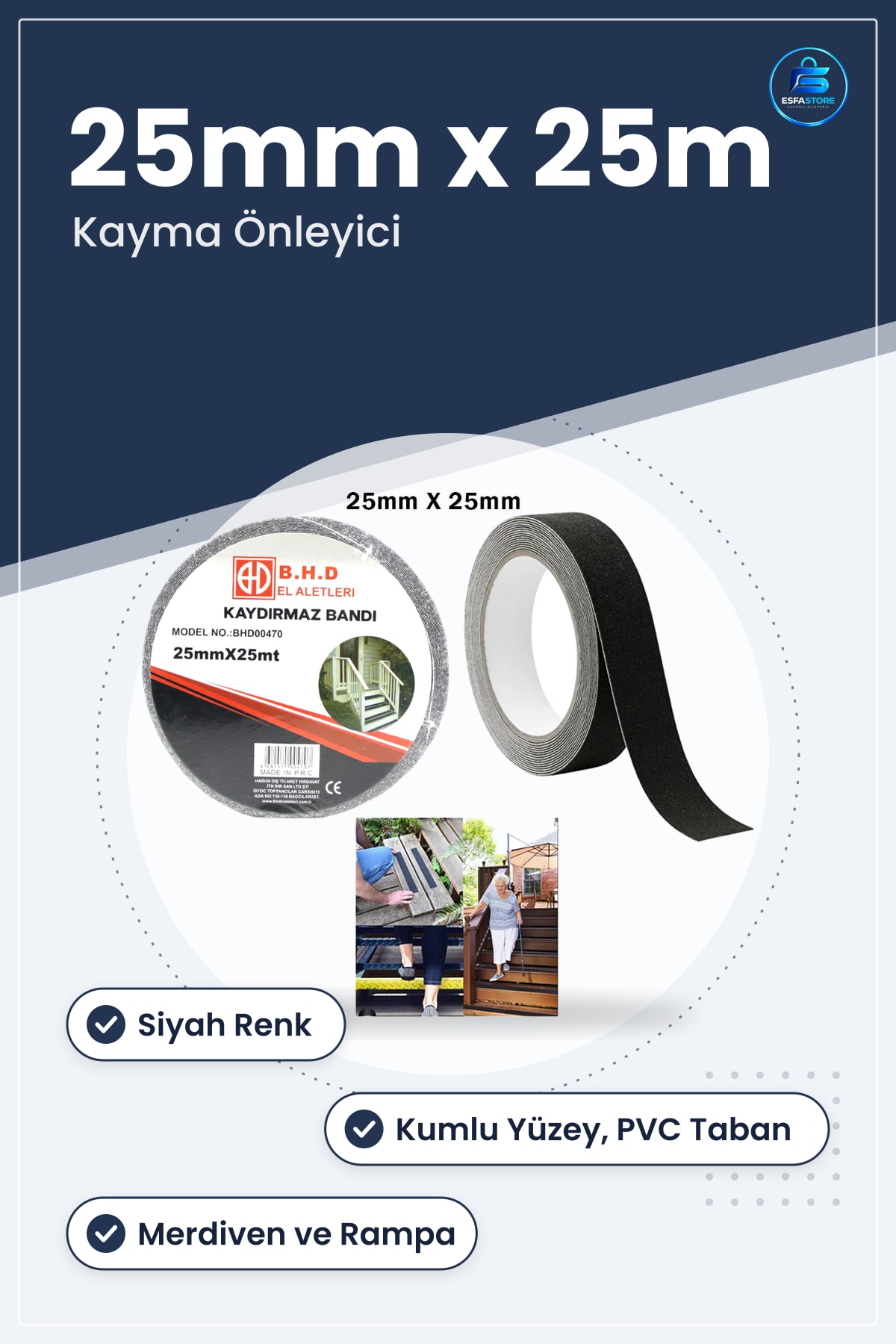 Kaydırmaz Bant 25mm x 25m Siyah Merdiven Rampa Platform Islak Zemin Kayma Önleyici