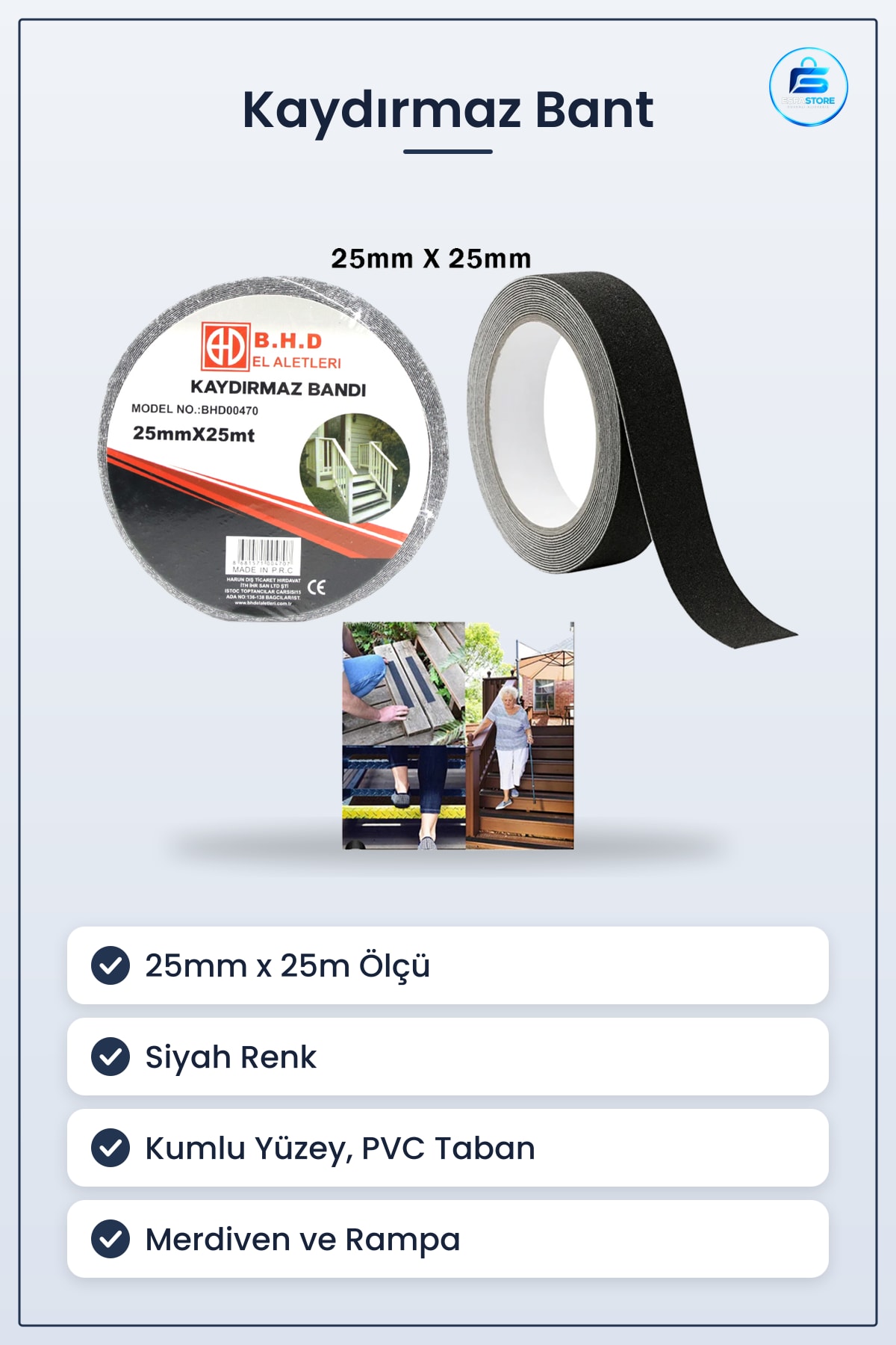 Kaydırmaz Bant 25mm x 25m Siyah Merdiven Rampa Platform Islak Zemin Kayma Önleyici