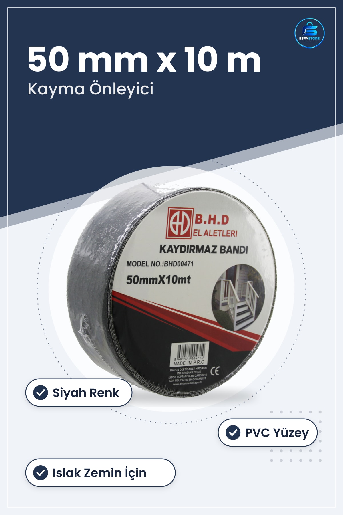Kaydırmaz Bant 50 mm x 10 m Siyah Merdiven Rampa Basamak Islak Zemin Kayma Önleyici
