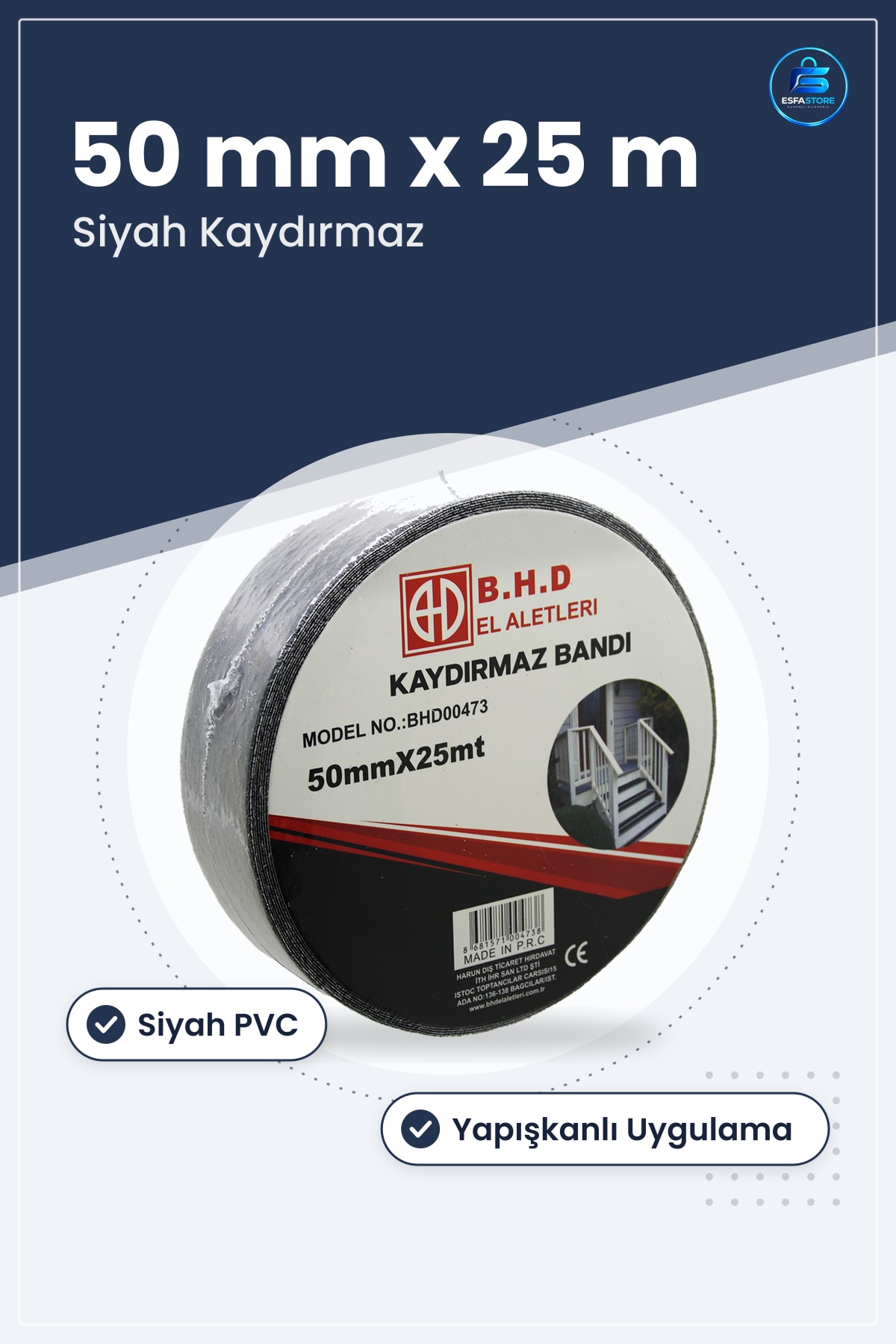 Kaydırmaz Bant 50 mm x 25 m Siyah PVC Merdiven Basamak Rampa Depo Banyo Balkon Güvenlik Bandı Kayma