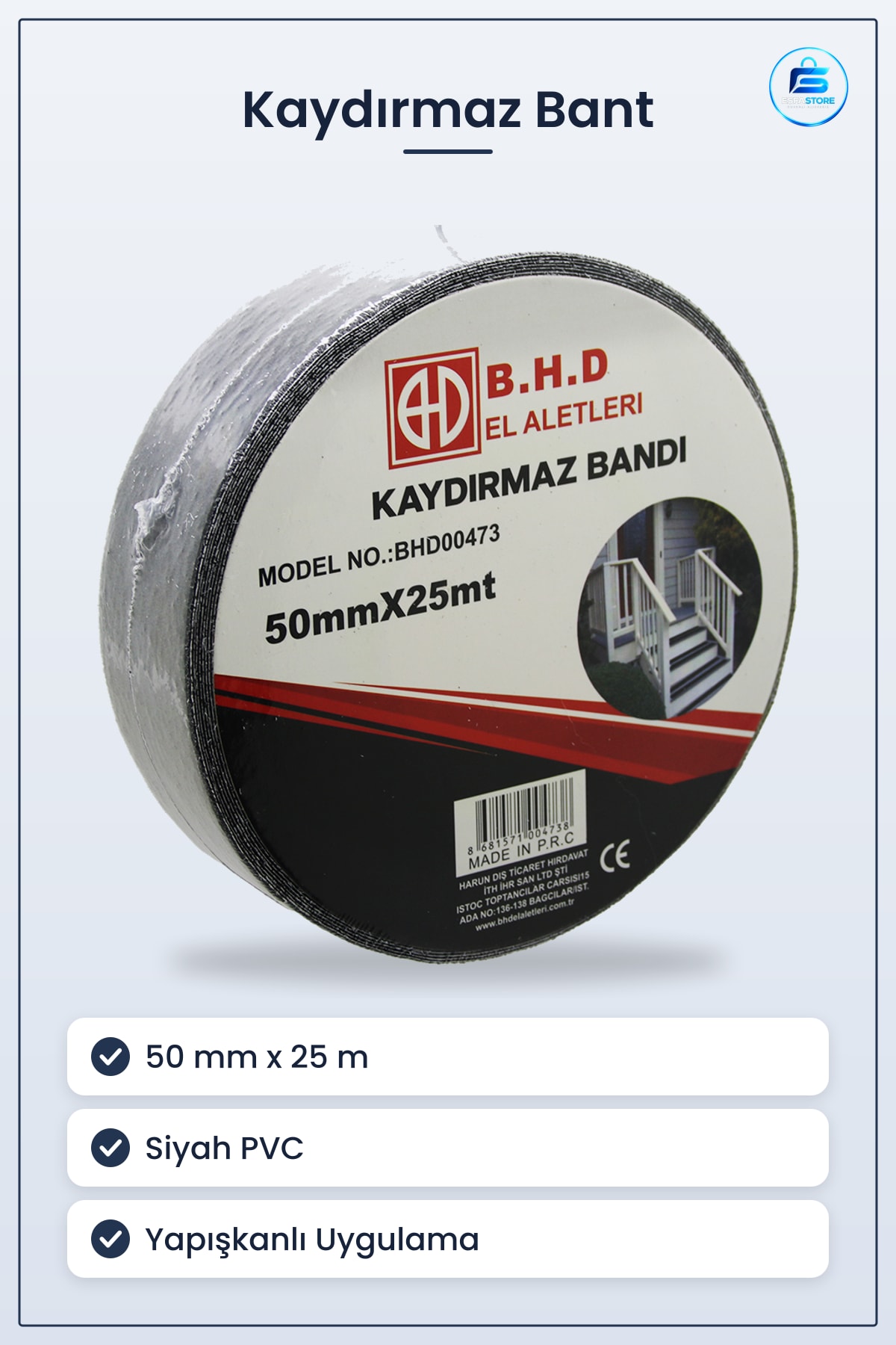 Kaydırmaz Bant 50 mm x 25 m Siyah PVC Merdiven Basamak Rampa Depo Banyo Balkon Güvenlik Bandı Kayma