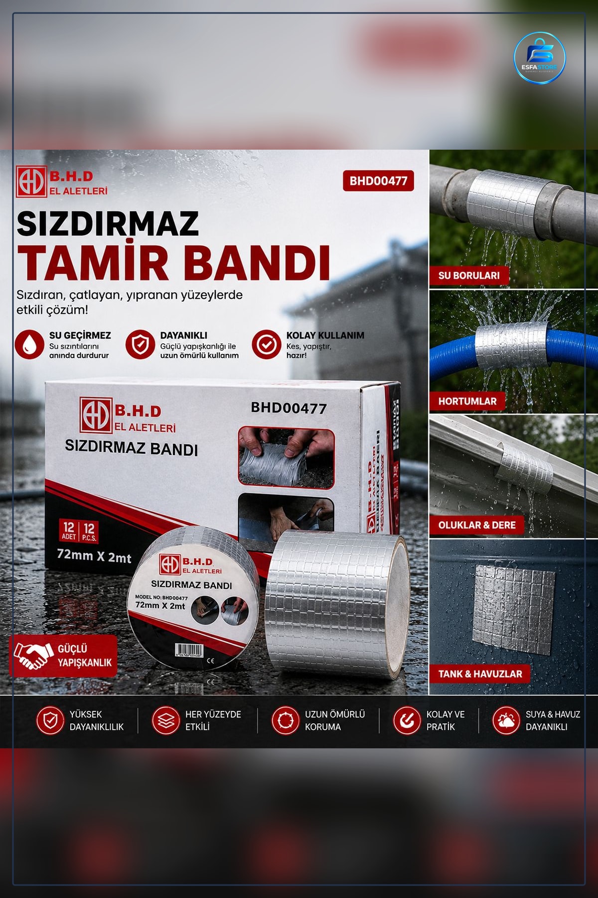 Sızdırmaz Tamir Bandı 72mm x 2m Su Geçirmez Kendinden Yapışkanlı Sakız Esnek Hızlı Onarım