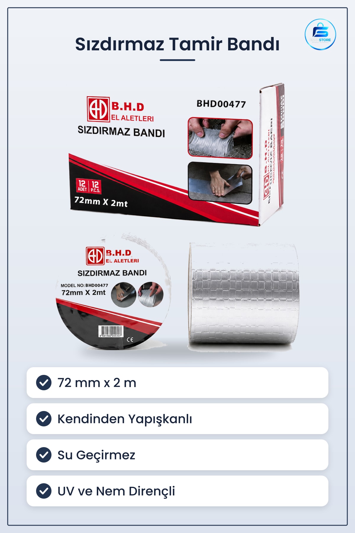 Sızdırmaz Tamir Bandı 72mm x 2m Su Geçirmez Kendinden Yapışkanlı Sakız Esnek Hızlı Onarım