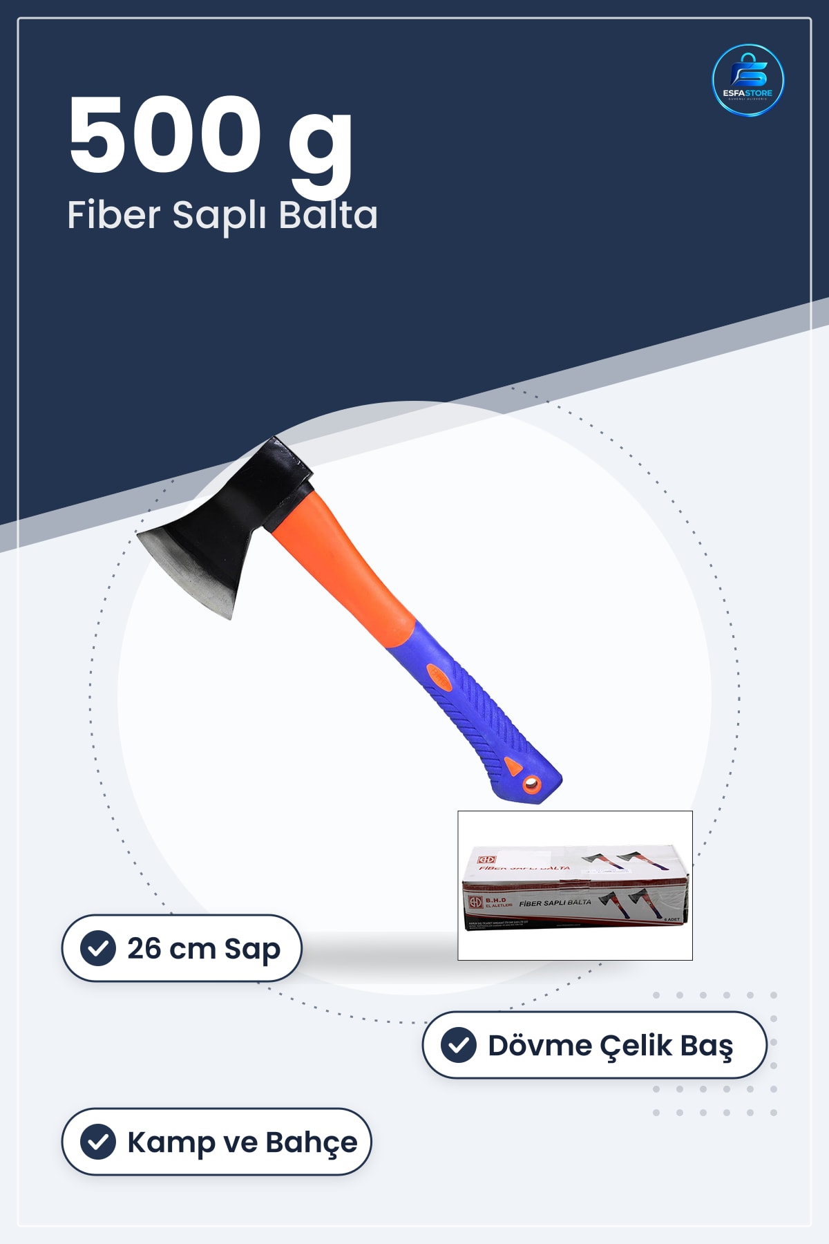 Balta 500 g Fiber Saplı 26 cm Kamp Bahçe Odun Kırma Çelik Başlı Kesme Hırdavat Manuel