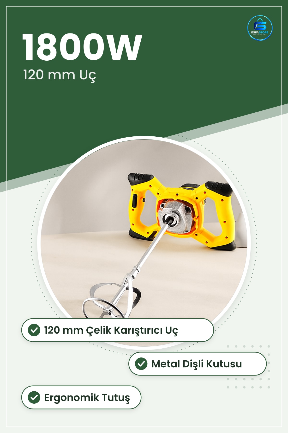 Harç ve Boya Karıştırıcı Matkap 1800W 120 mm Çelik Uç Sıva Çimento Epoksi Karıştırma Makinesi